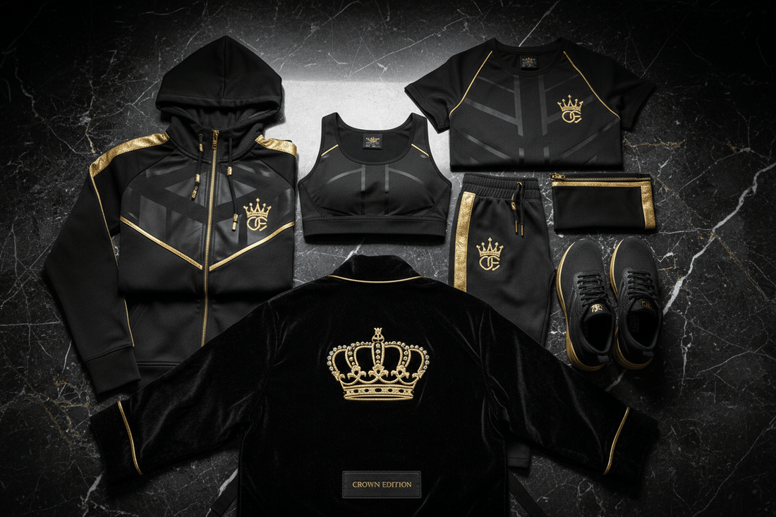 TITAN Crown Edition Apparel — Black and Gold Athletic Wear Flat Lay