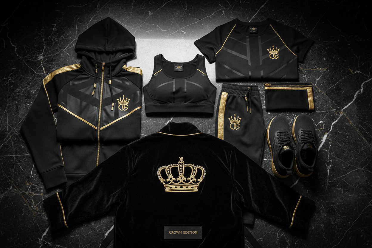 TITAN Crown Edition Apparel — Black and Gold Athletic Wear Flat Lay