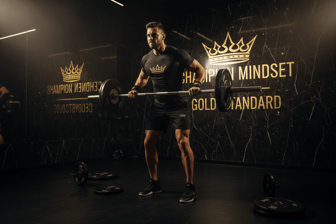 Elite athlete deadlifting in TITAN Crown Edition gym with Champion Mindset Gold Standard wall