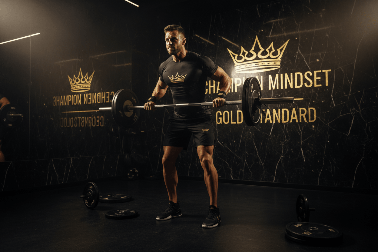 Elite athlete deadlifting in TITAN Crown Edition gym with Champion Mindset Gold Standard wall