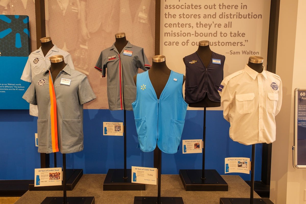Walmart employee uniforms displayed on mannequins