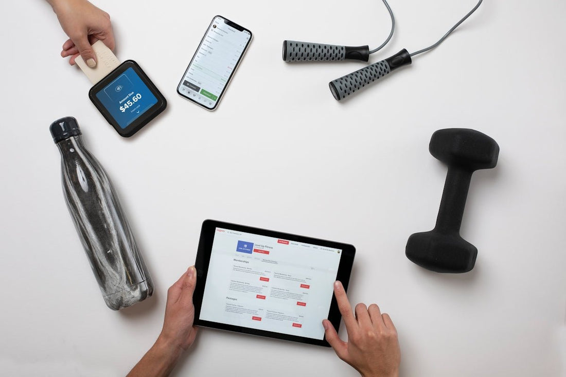 Fitness equipment, smartphone, tablet, and payment terminal.