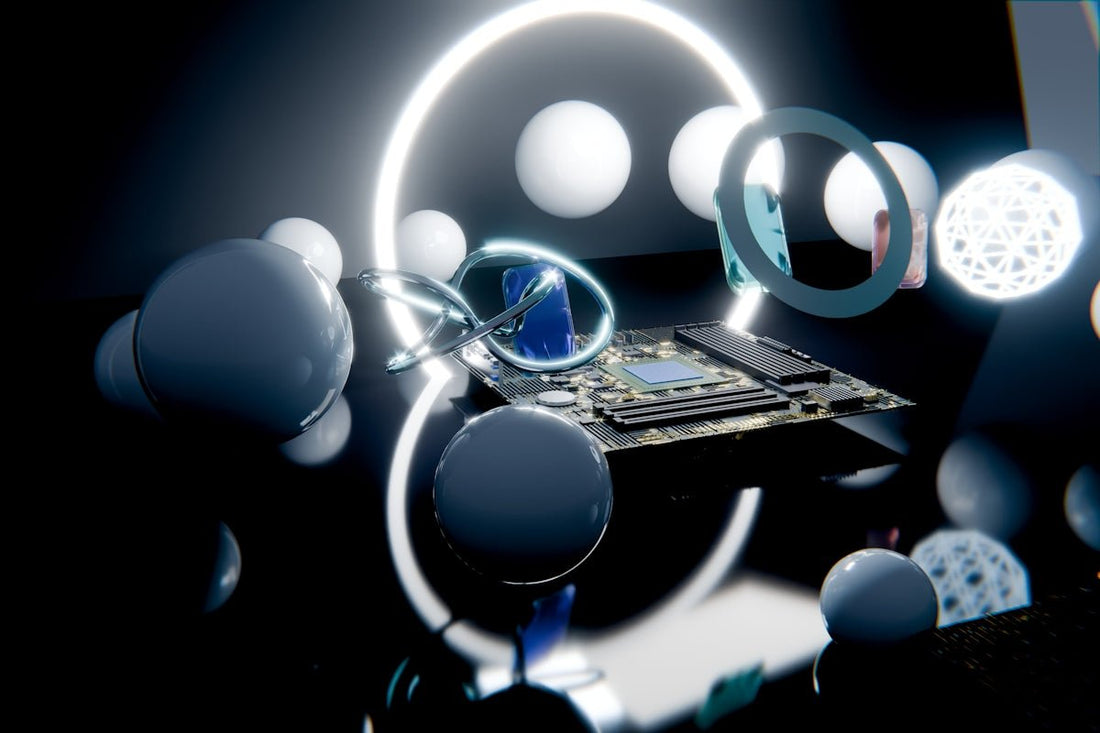 Abstract technology with circuit board, spheres, and glowing rings.