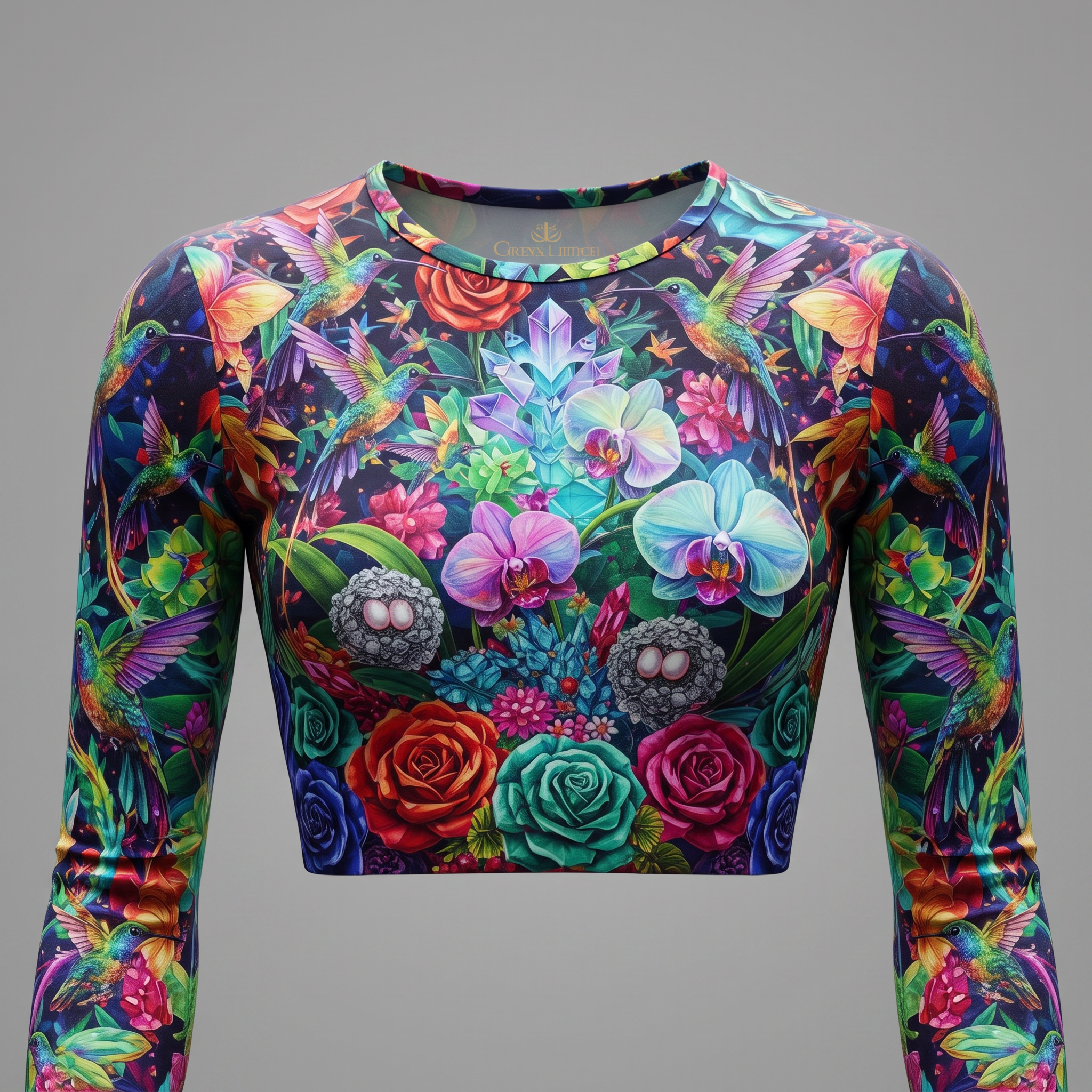 Long-sleeve crop top with colorful hummingbird, orchid, rose, and crystal print.