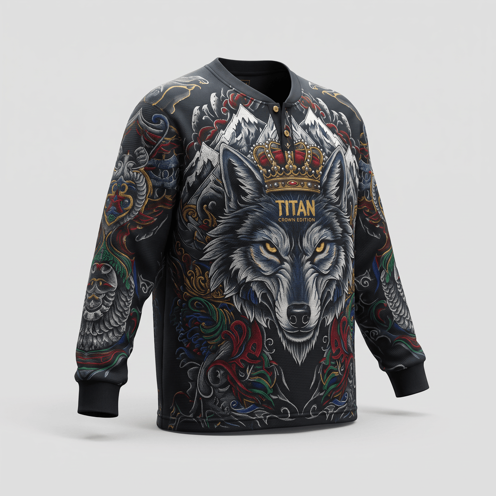 Black long-sleeve henley shirt featuring a detailed wolf wearing a crown, mountains, and colorful ornamental tattoo art.