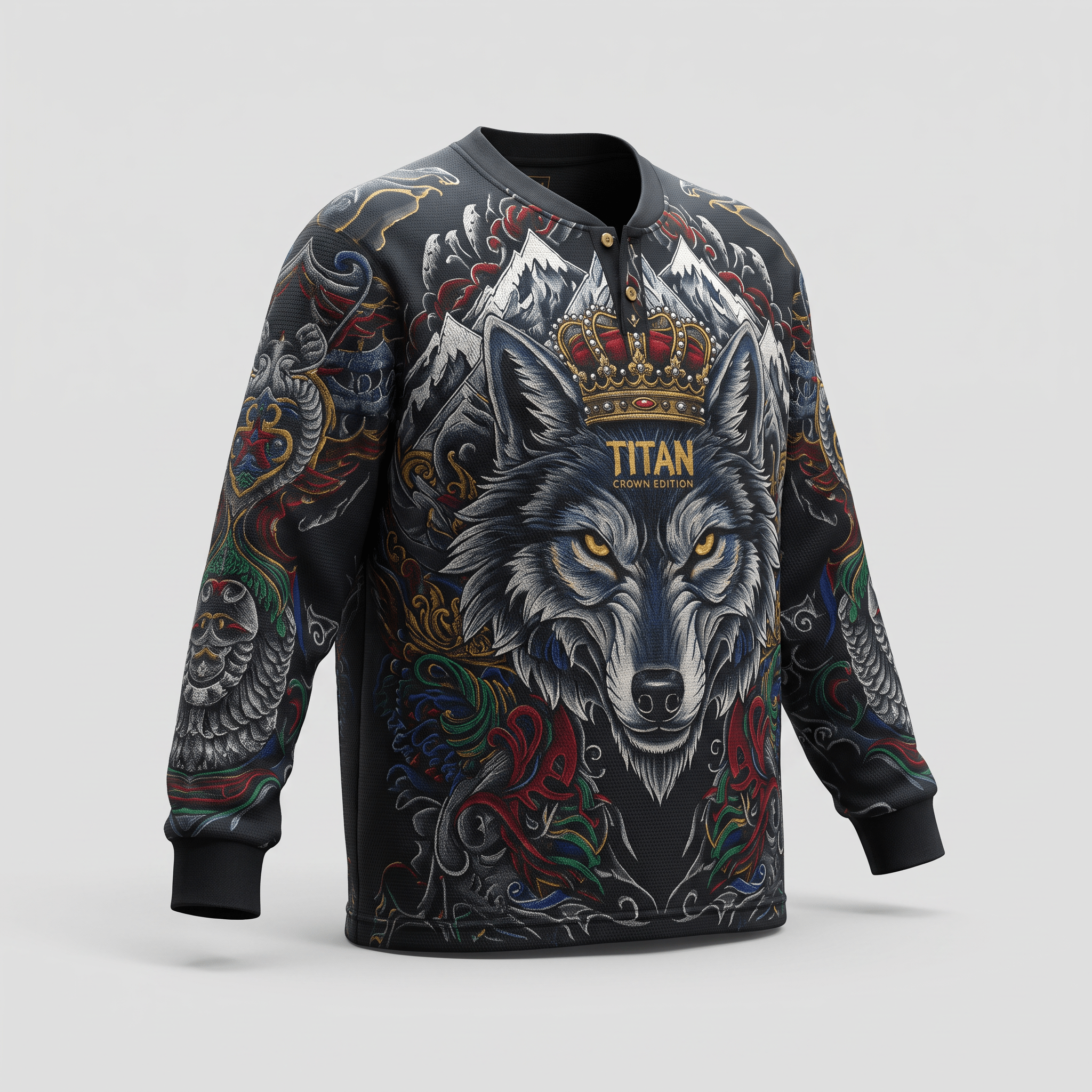 Black long-sleeve henley shirt featuring a detailed wolf wearing a crown, mountains, and colorful ornamental tattoo art.