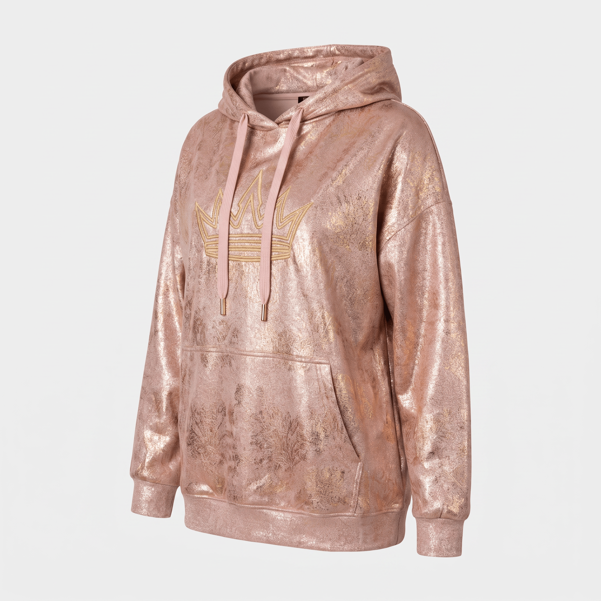 Rose gold foil hoodie with a front pocket, matching drawstrings, and a gold crown graphic on the chest.