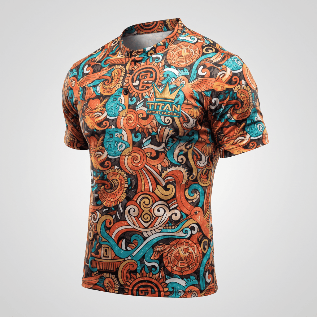Orange and blue patterned short-sleeve polo shirt with Aztec doodle design and Titan Sport Global logo.