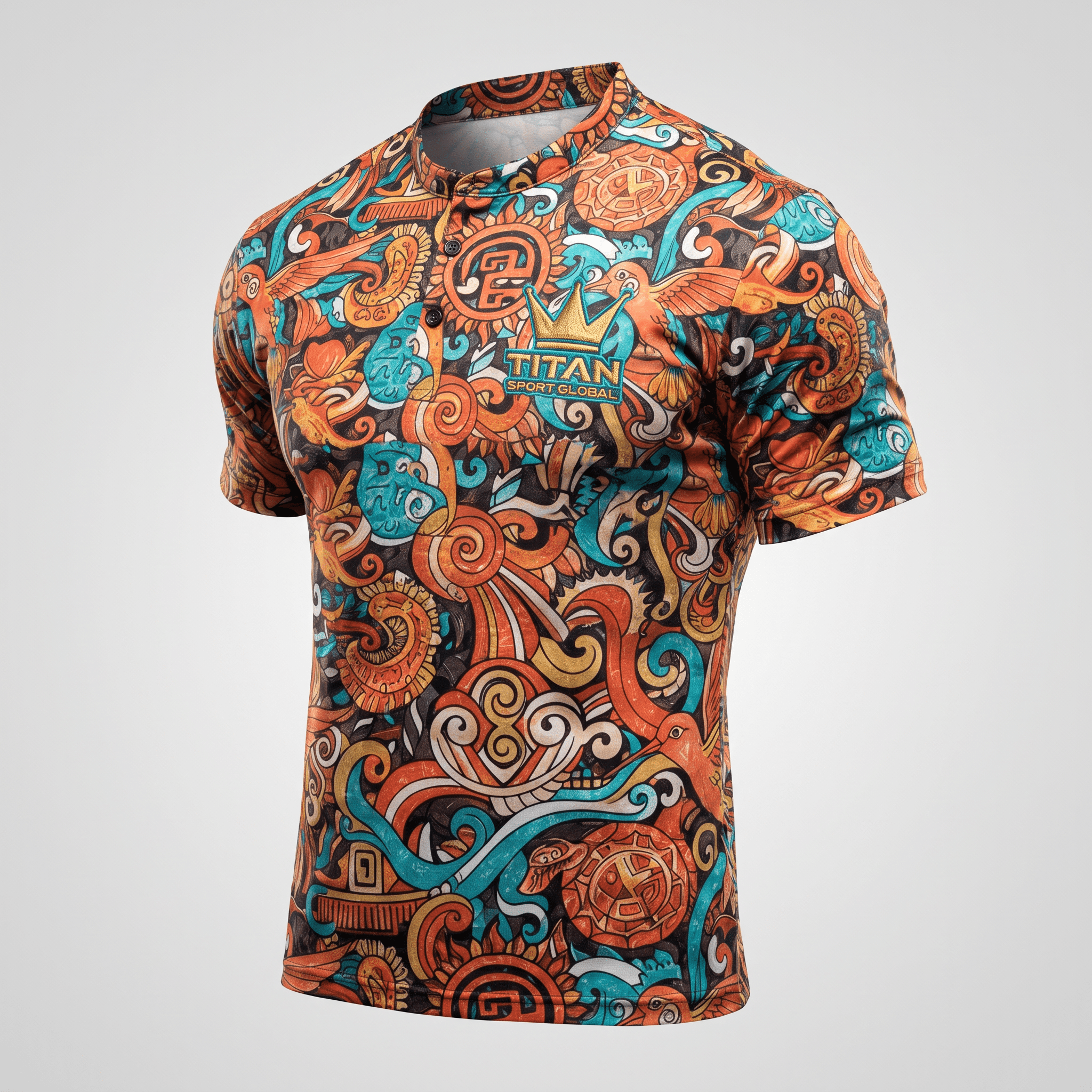 Orange and blue patterned short-sleeve polo shirt with Aztec doodle design and Titan Sport Global logo.