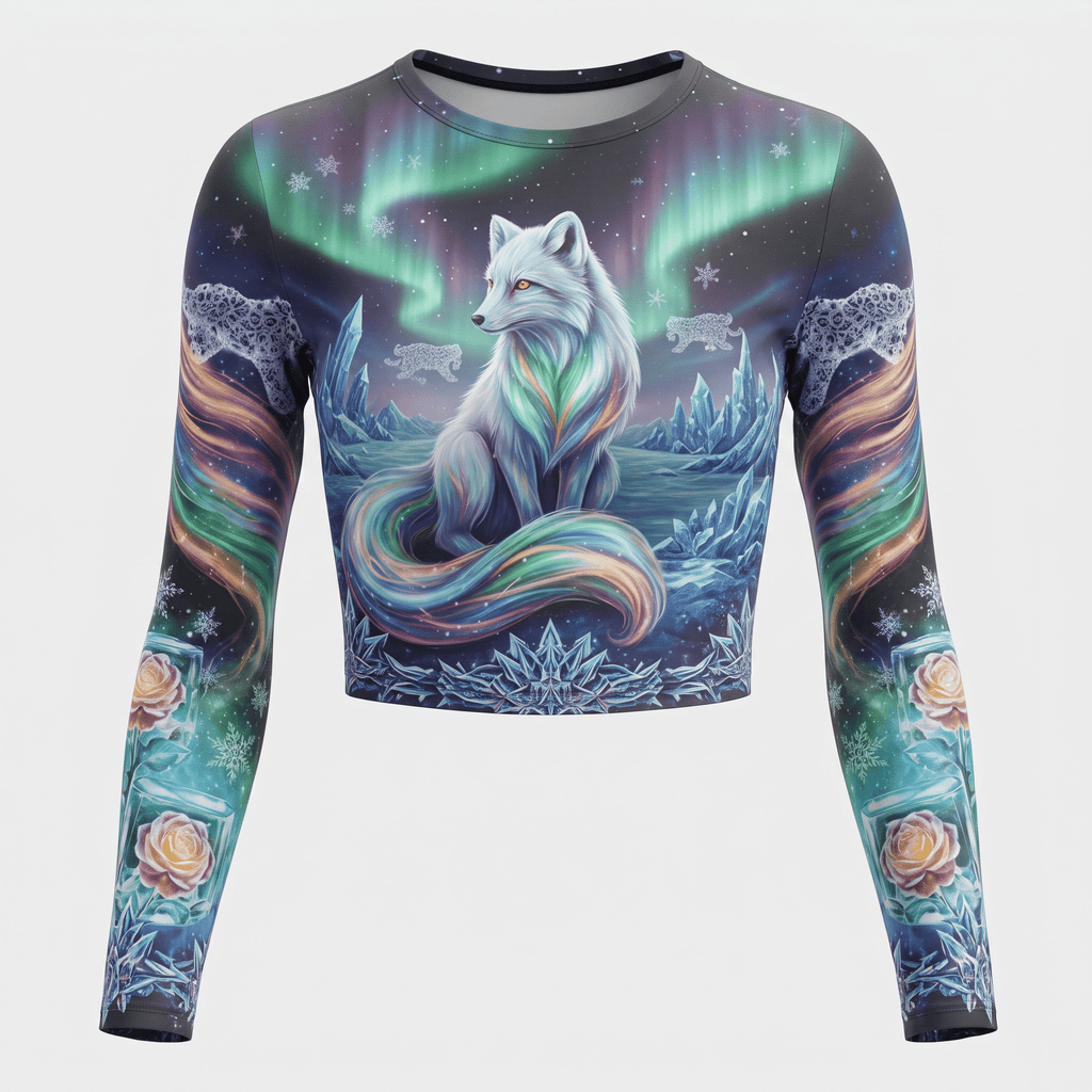Long-sleeve crop top featuring a graphic of an arctic fox under the northern lights and glowing roses on sleeves.