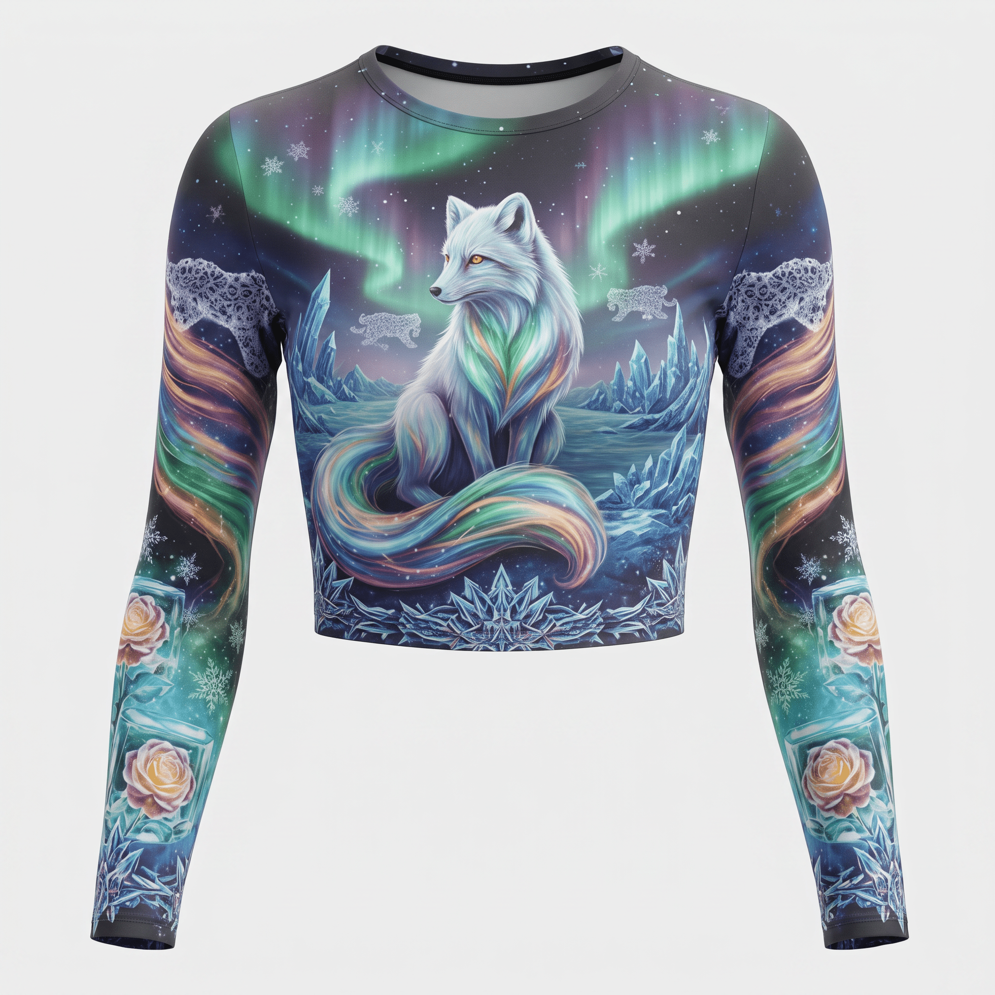 Long-sleeve crop top featuring a graphic of an arctic fox under the northern lights and glowing roses on sleeves.