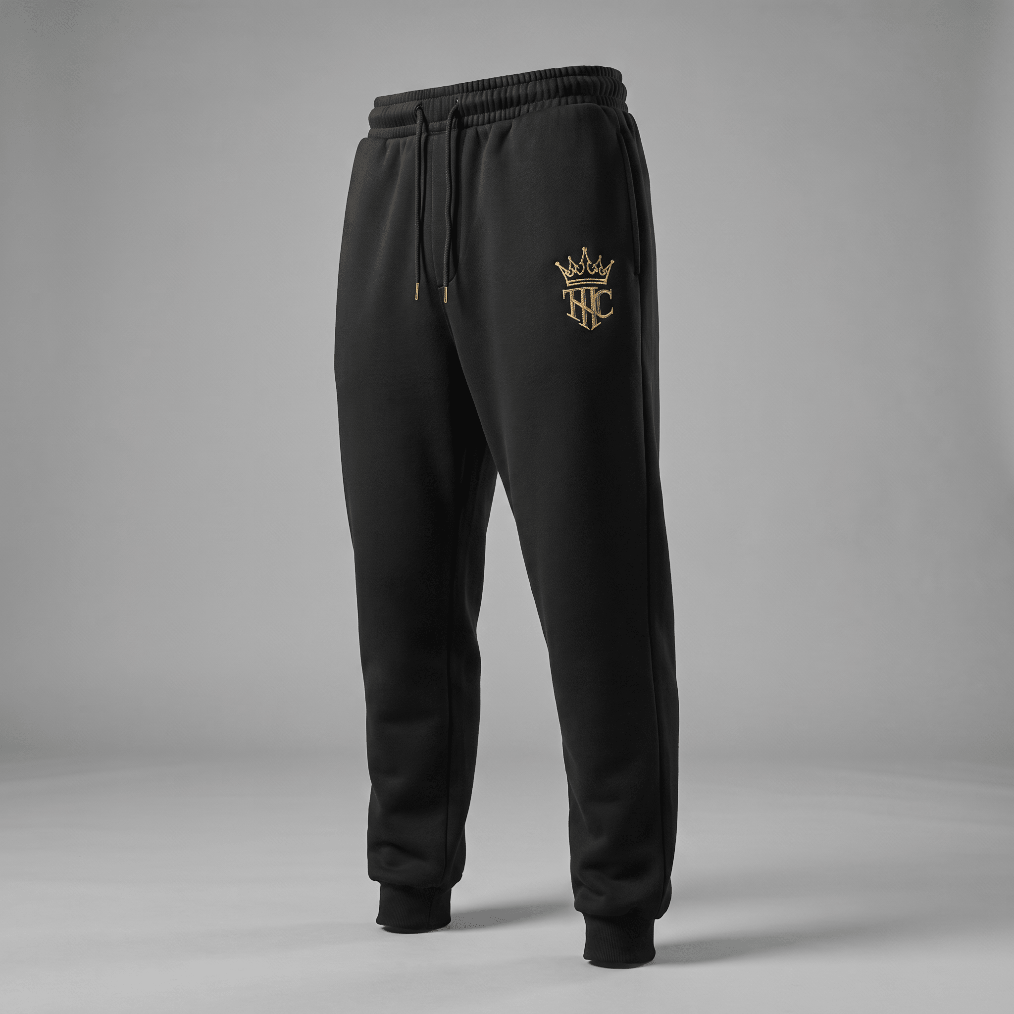 Black fleece sweatpants with a drawstring waist and gold crown logo on the left thigh.