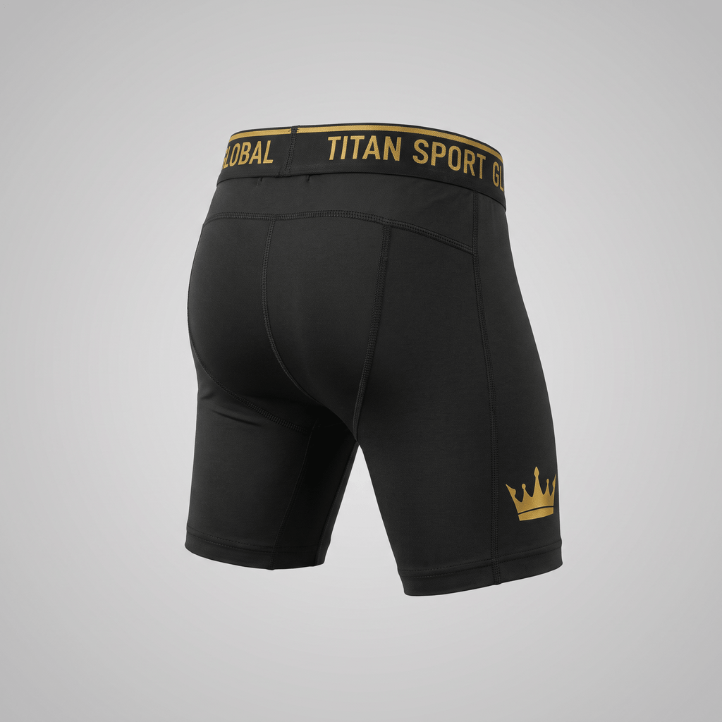 Black compression shorts with gold Titan Sport Global waistband and gold crown logo on leg, rear view.