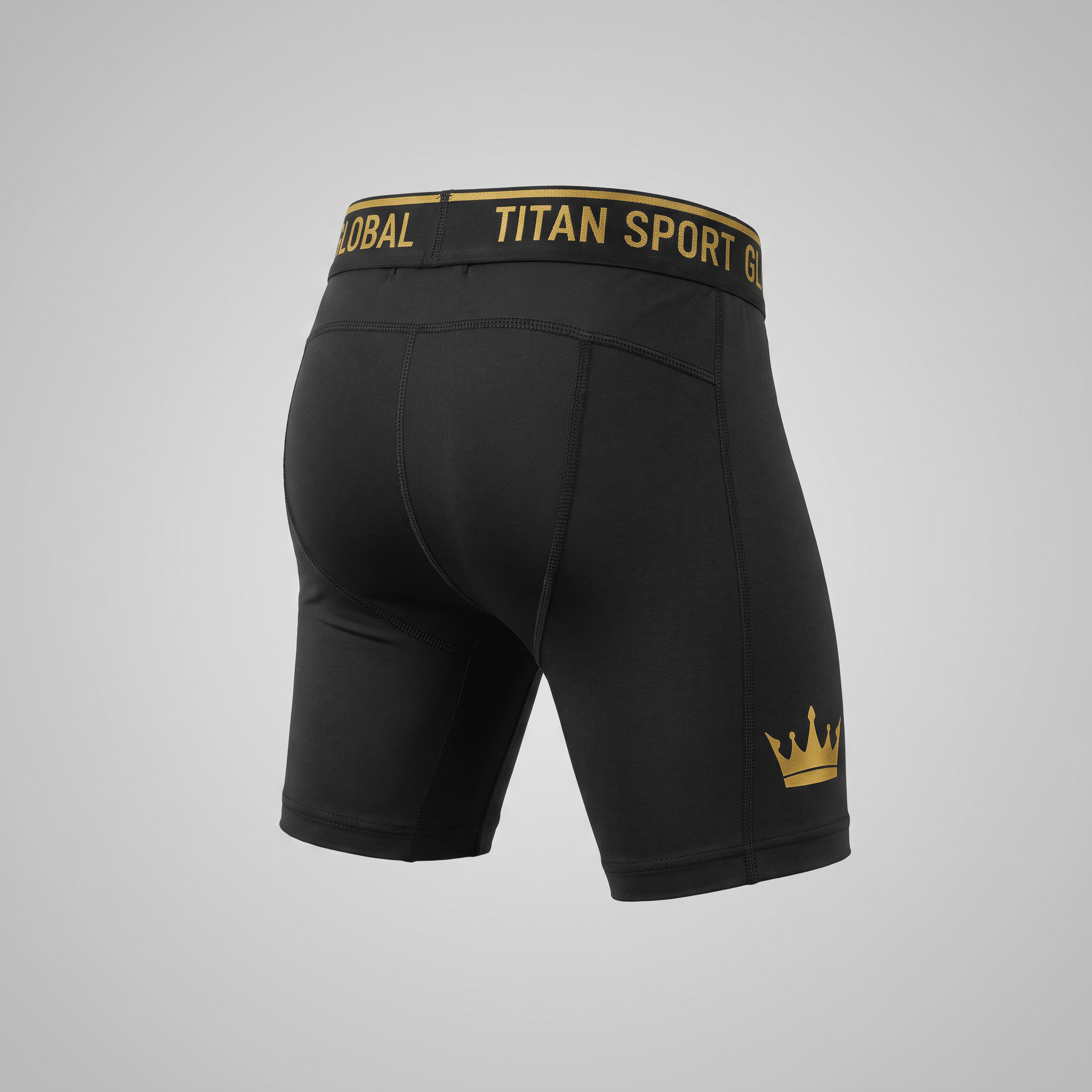 Black compression shorts with gold Titan Sport Global waistband and gold crown logo on leg, rear view.