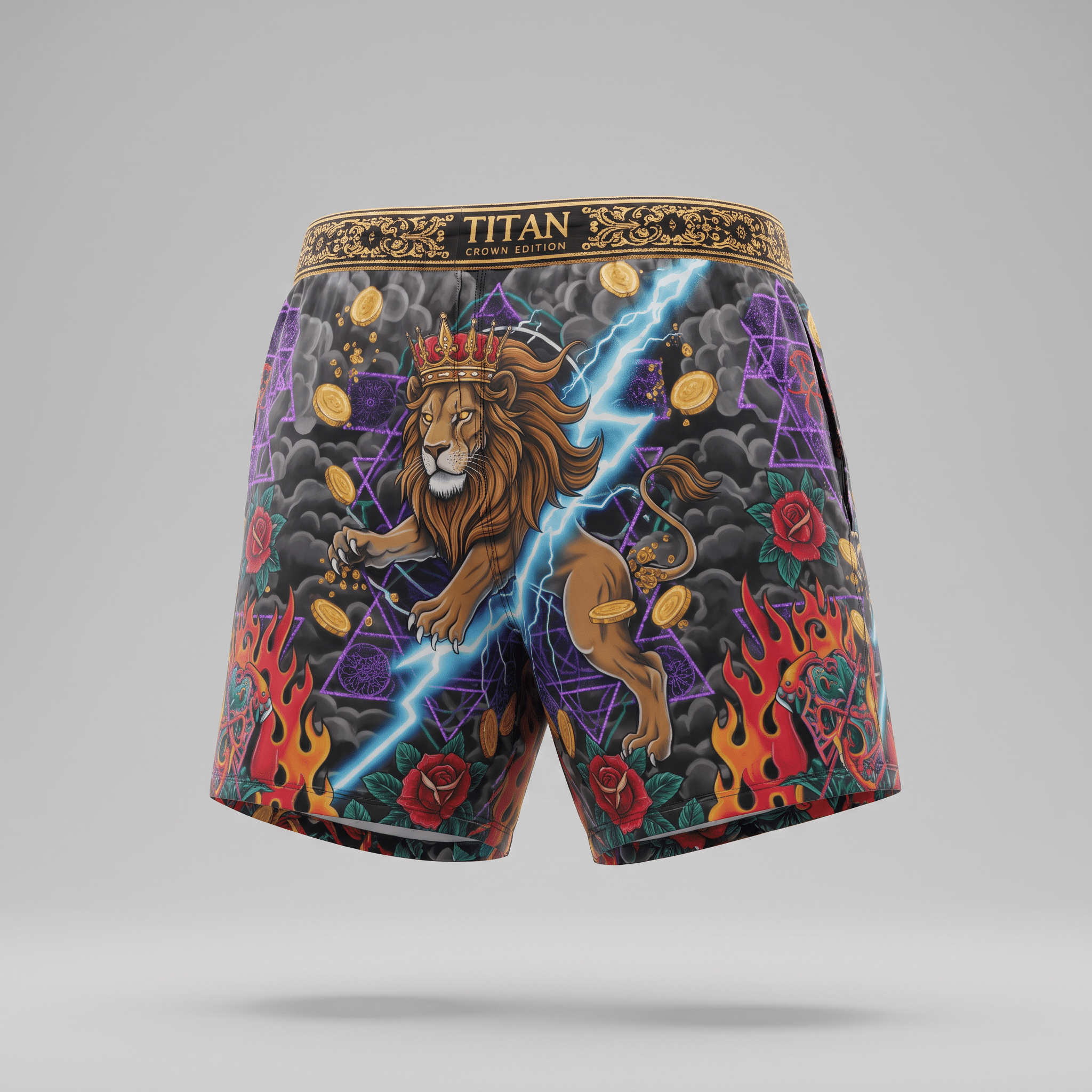 Black Titan Crown Edition boxer shorts featuring a crowned lion graphic with lightning, coins, and roses.
