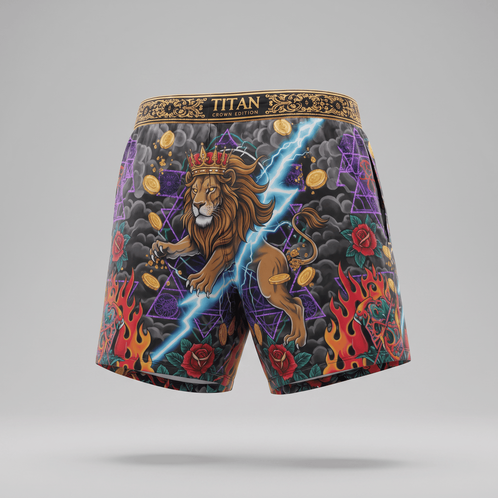 Titan Crown Edition boxer briefs with a crown lion graphic, lightning, and gold coins on black.