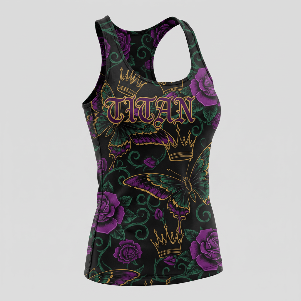Black athletic tank top featuring a purple and green butterfly, rose, and crown pattern with the word Titan.