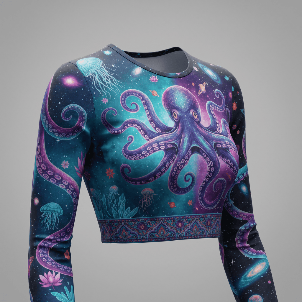 Long sleeve crop top in blue and purple featuring a cosmic octopus and jellyfish print.