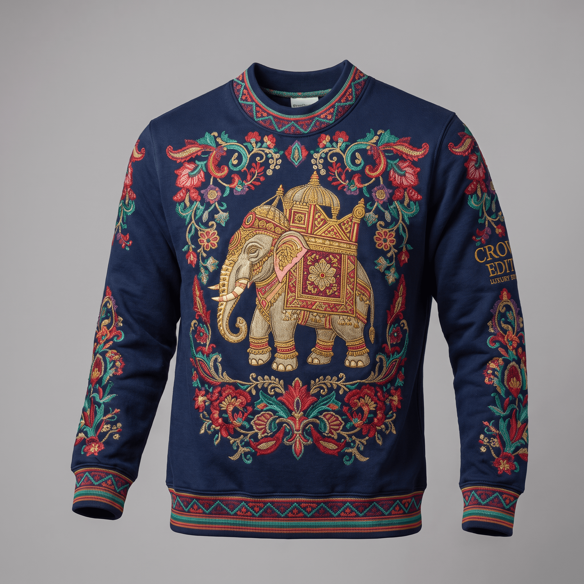 Navy blue crewneck sweatshirt with ornate gold, red, and turquoise embroidered elephant and floral motifs.