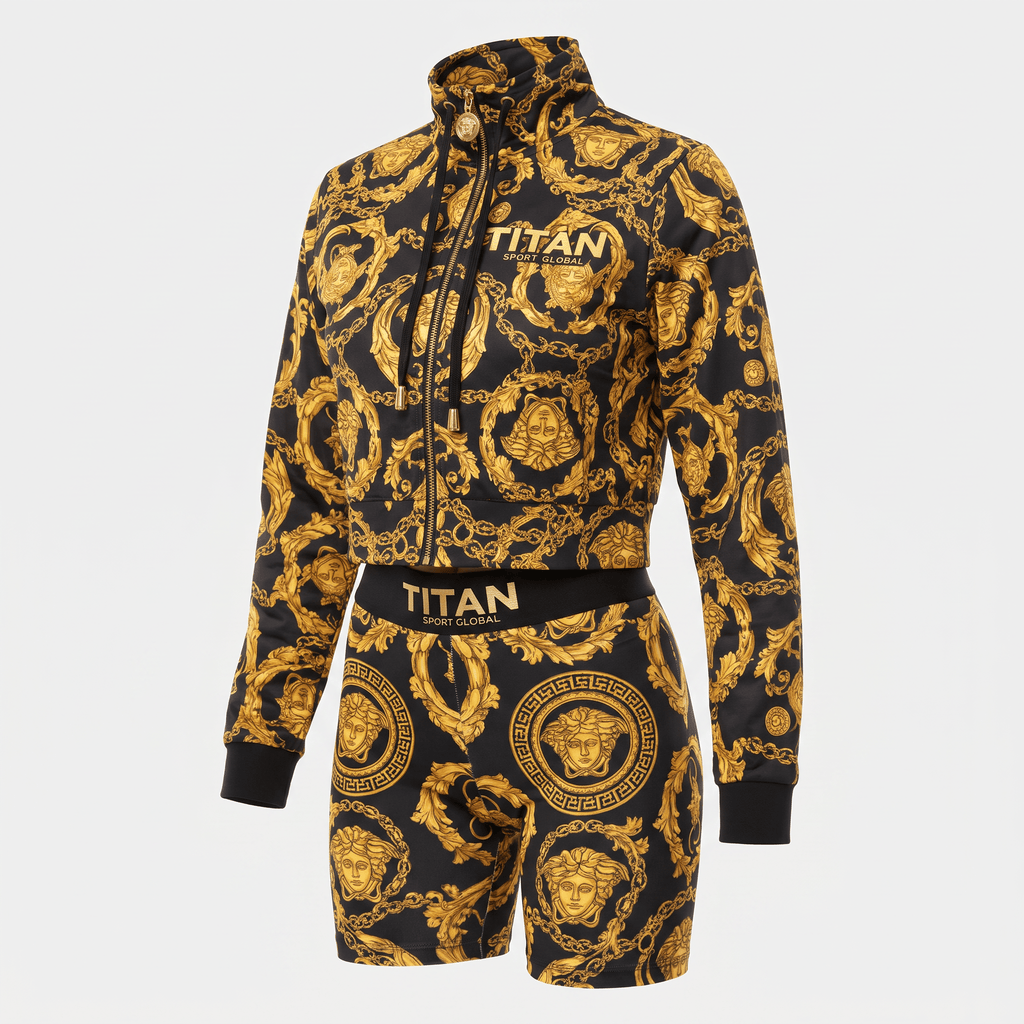 Black and gold baroque print Titan Sport Global zip-up crop jacket and biker shorts set.