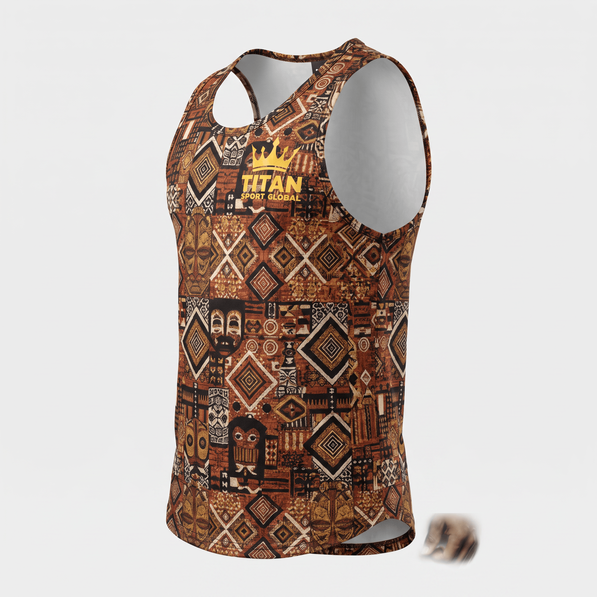 Brown patterned tank top with Titan Sport Global logo on the chest, viewed from the side.