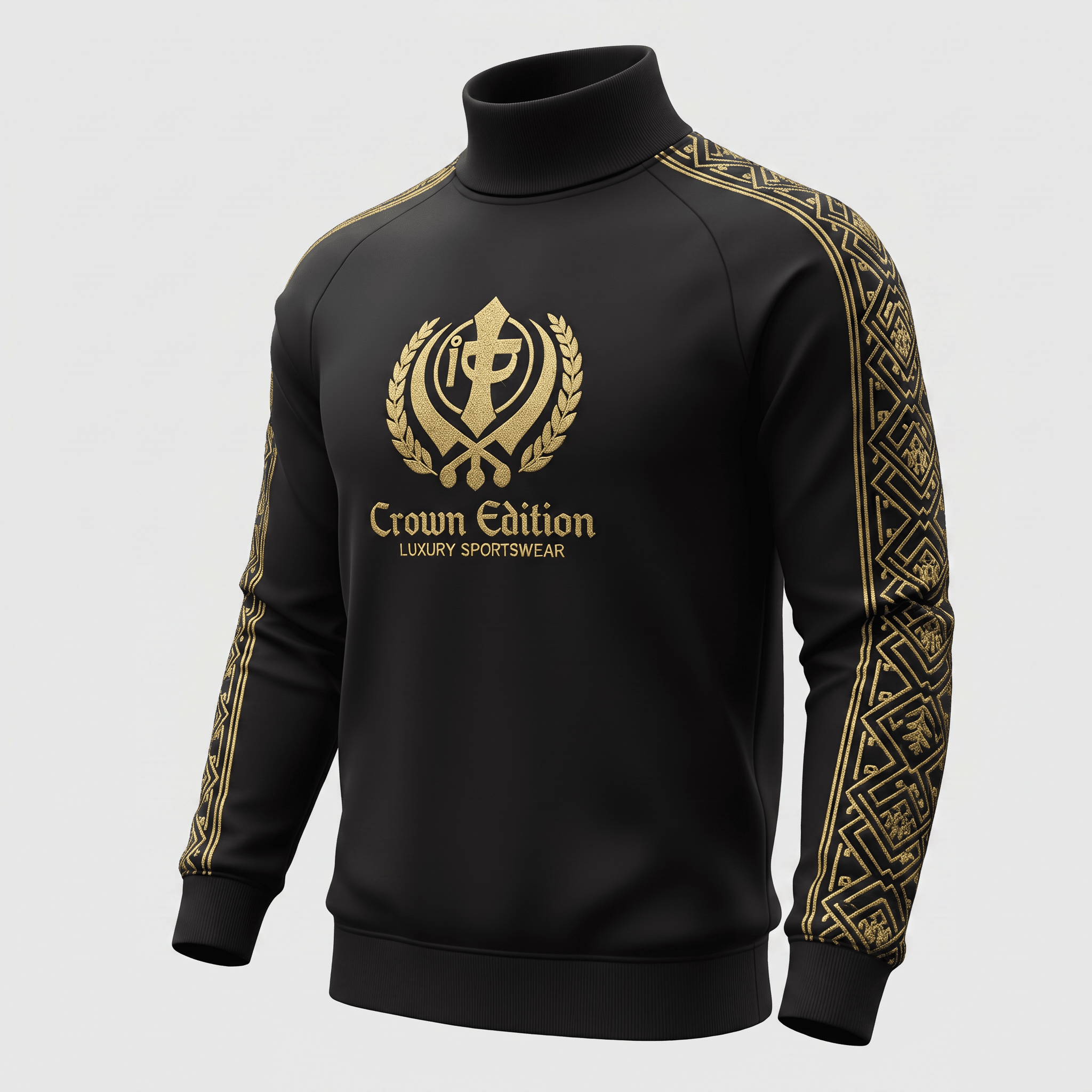 Black mock neck sweatshirt with gold Khanda logo, Crown Edition text, and ornate sleeve patterns.