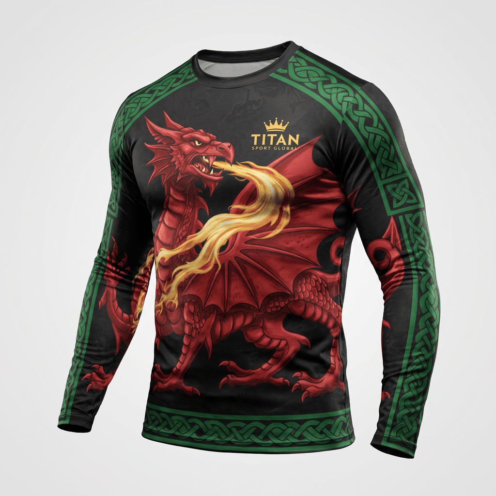Black long sleeve rash guard with red Welsh dragon graphic, gold flame, and green Celtic knot trim.