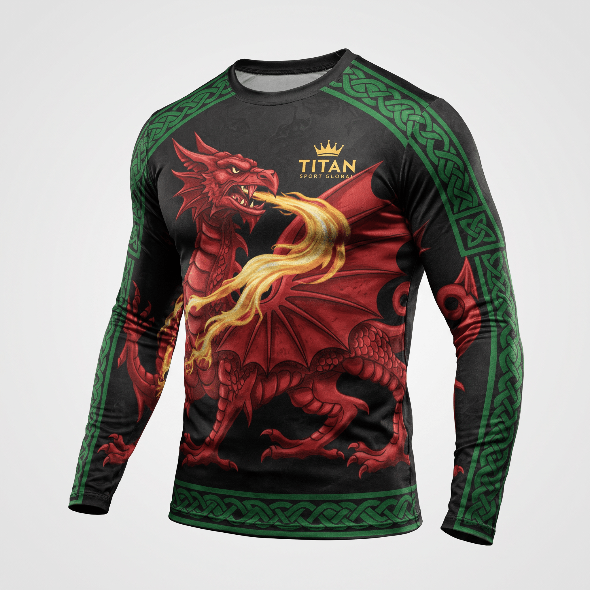 Black long sleeve rash guard with red Welsh dragon graphic, gold flame, and green Celtic knot trim.