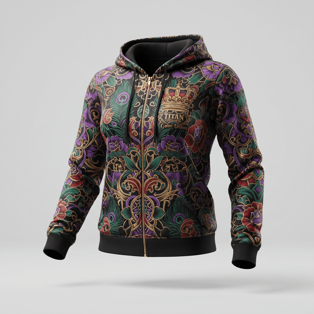 Black zip-up hoodie featuring a colorful baroque floral pattern with purple, red, and gold baroque designs.