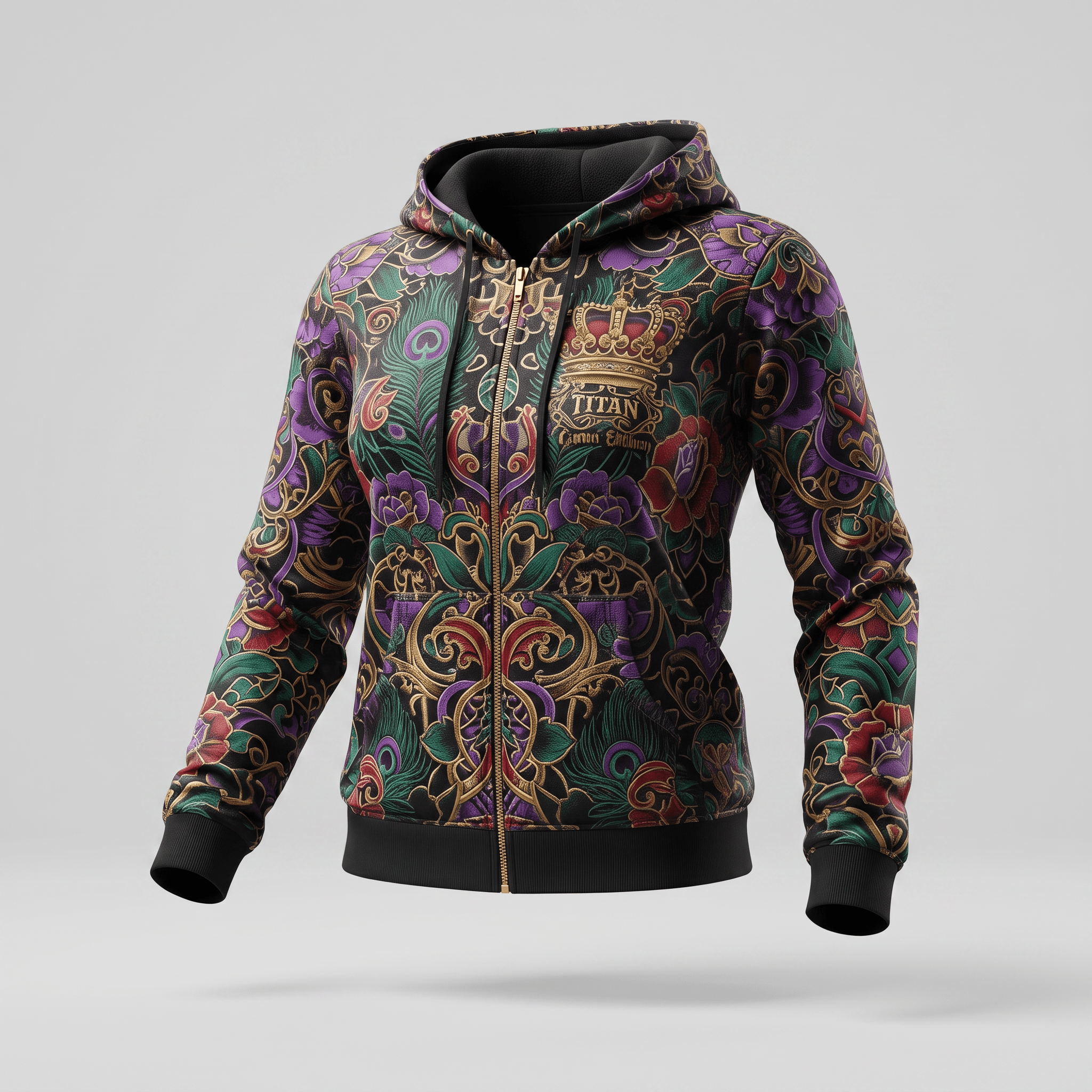 Black zip-up hoodie featuring a colorful baroque floral pattern with purple, red, and gold baroque designs.