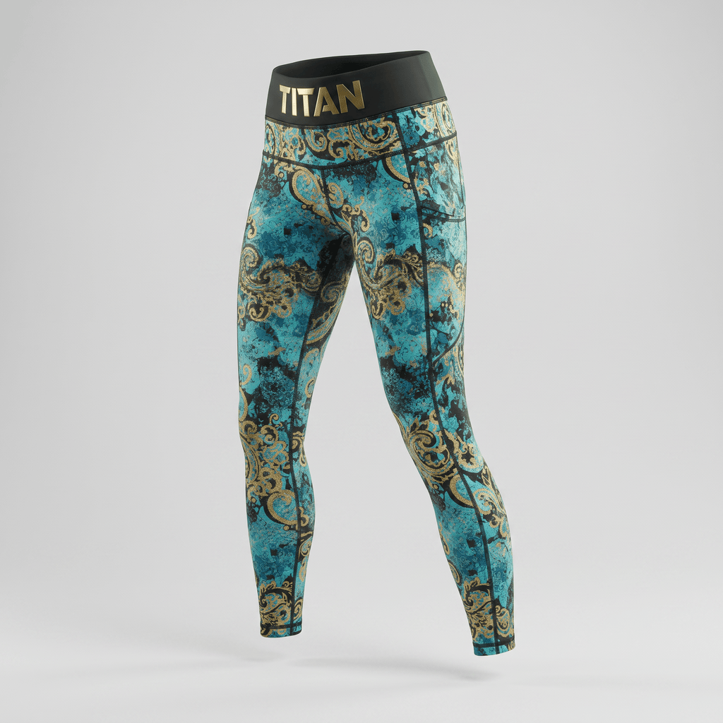 Titan athletic leggings in blue and gold baroque print with a black waistband.