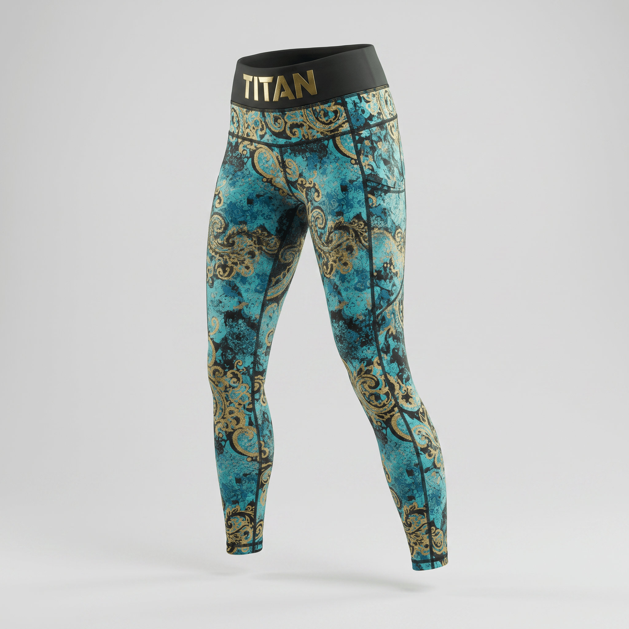 Titan athletic leggings in blue and gold baroque print with a black waistband.