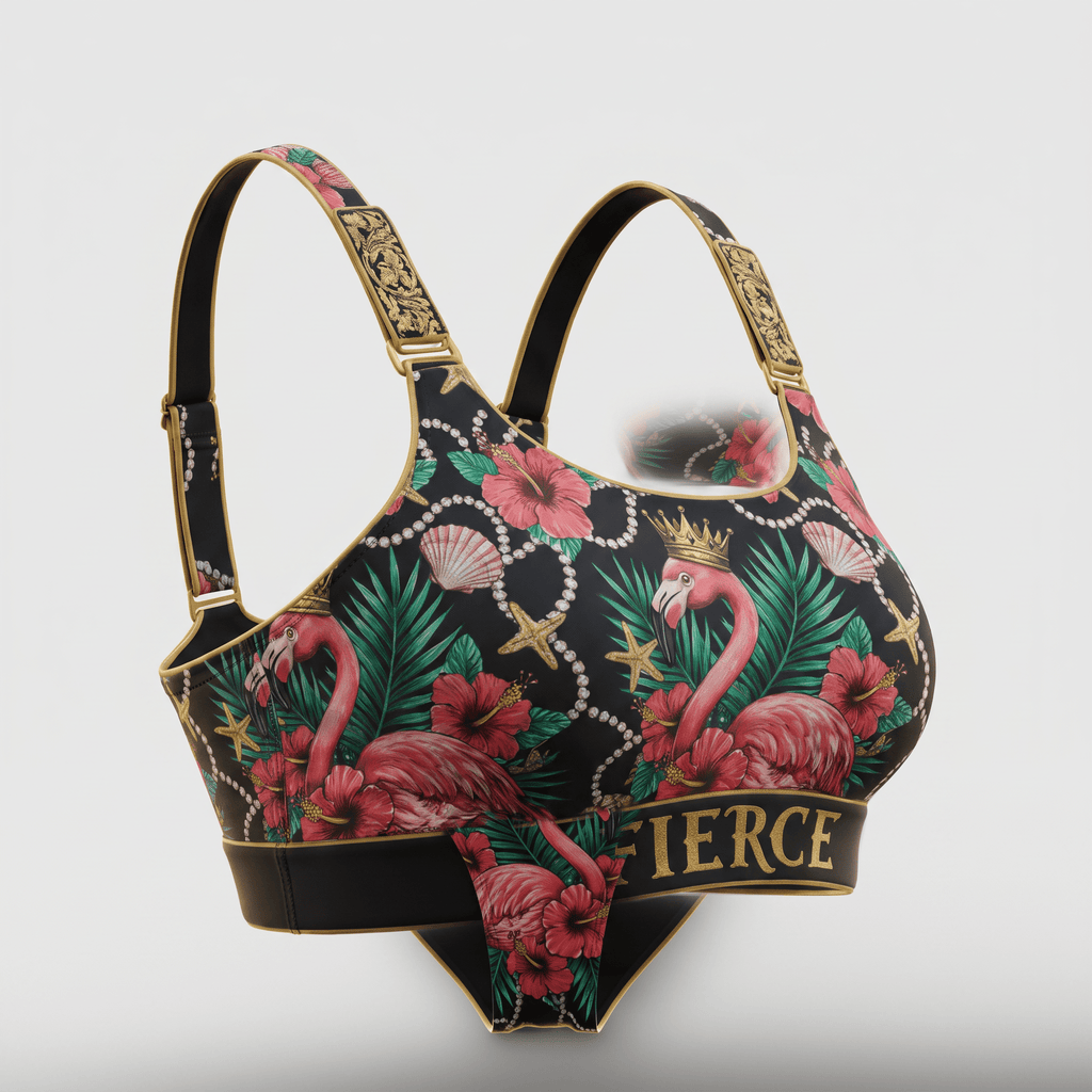 Black sports bra featuring a tropical flamingo, hibiscus flower, and gold crown print with the word Fierce.