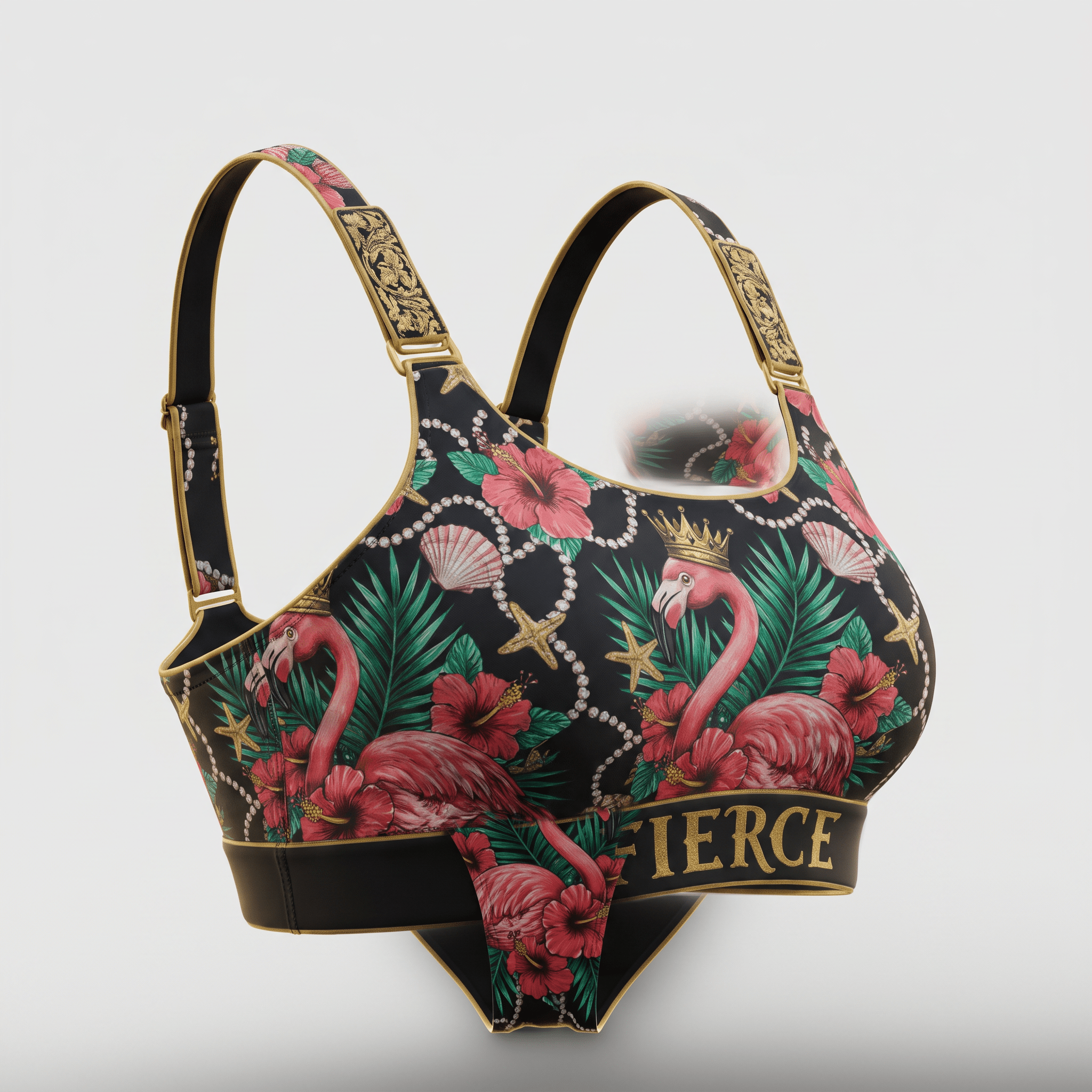 Black sports bra featuring a tropical flamingo, hibiscus flower, and gold crown print with the word Fierce.