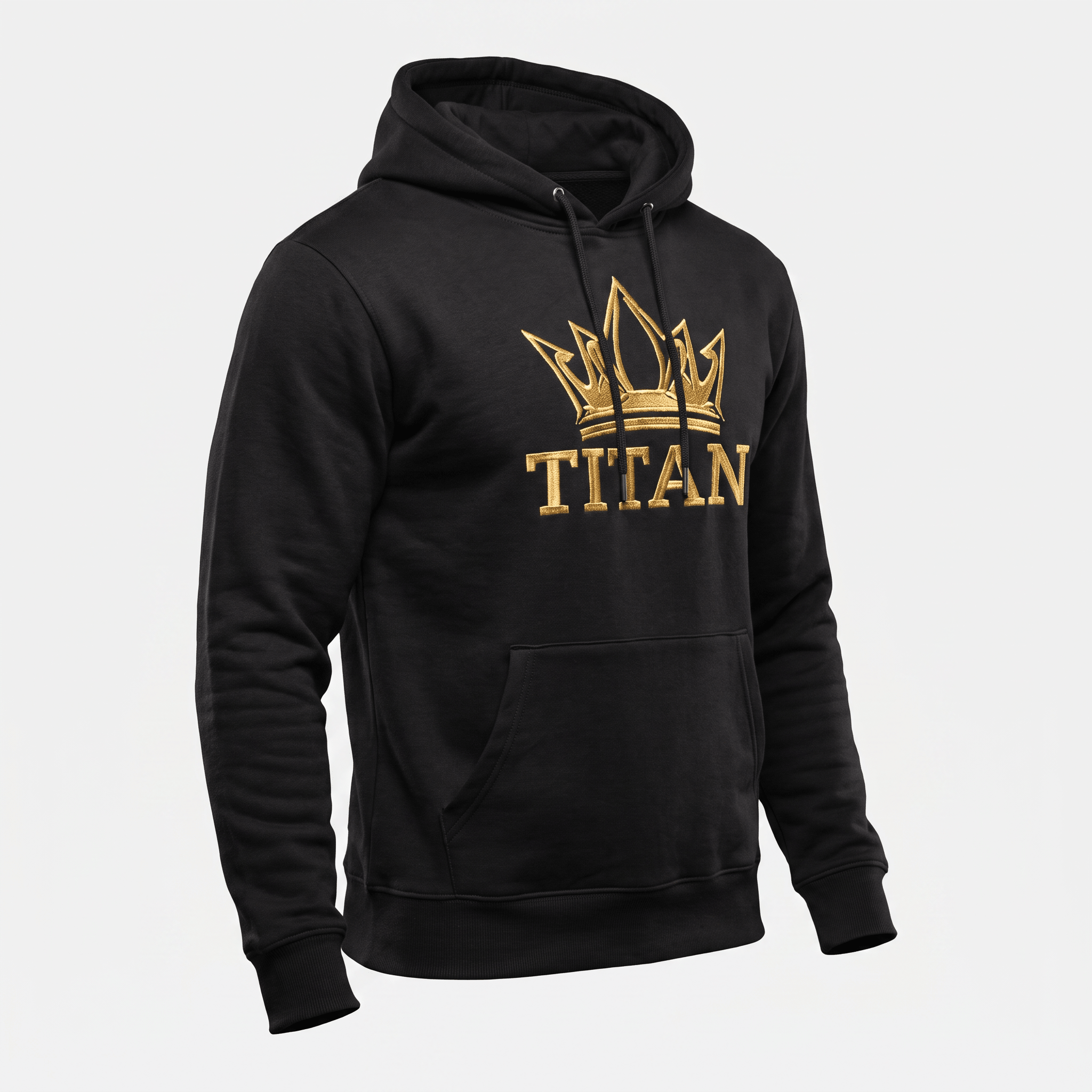 Black hoodie with a gold embroidered crown logo and Titan text on the chest, featuring a front pocket and drawstrings.