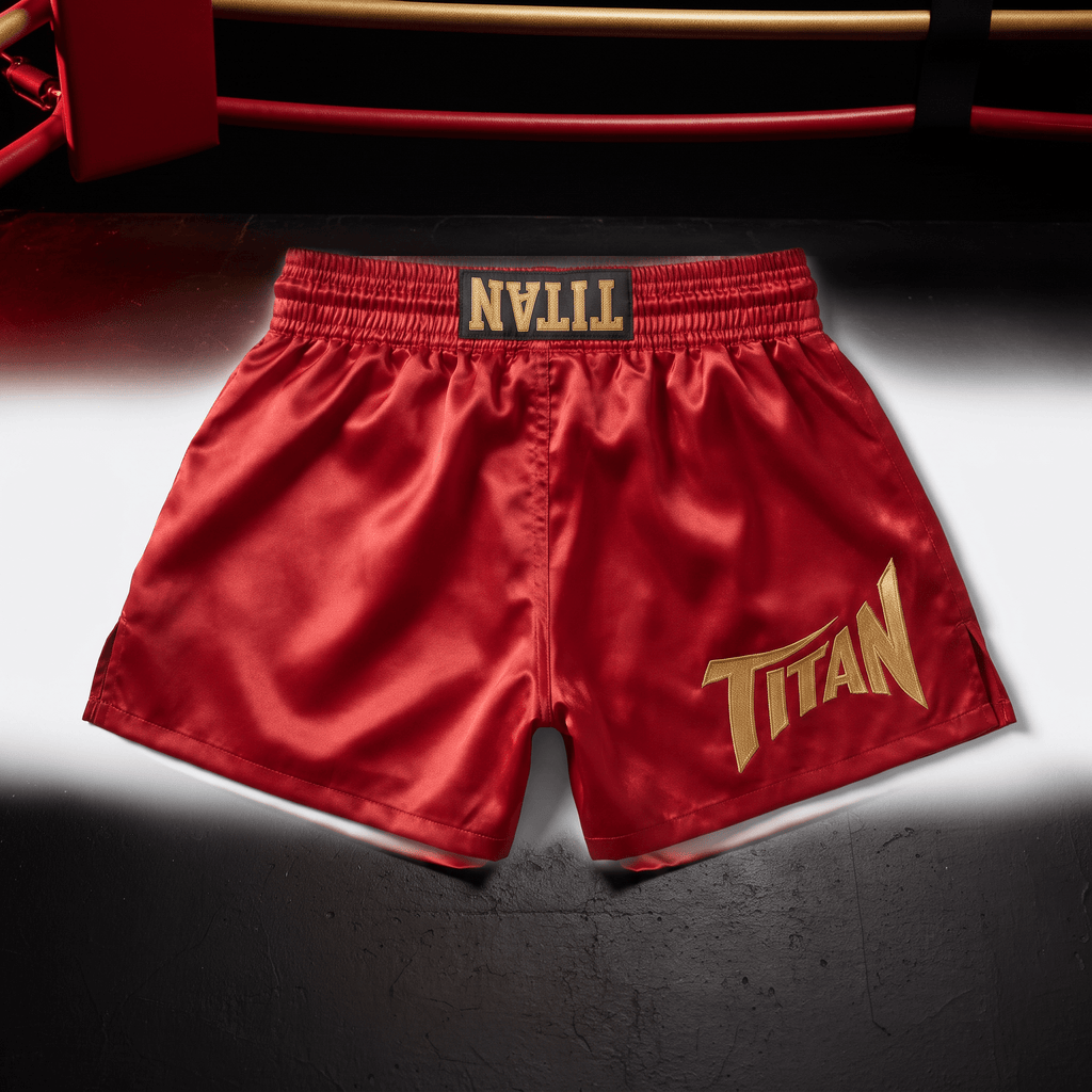 Red satin boxing shorts with gold Titan logo on the waistband and leg, laid flat in a ring.
