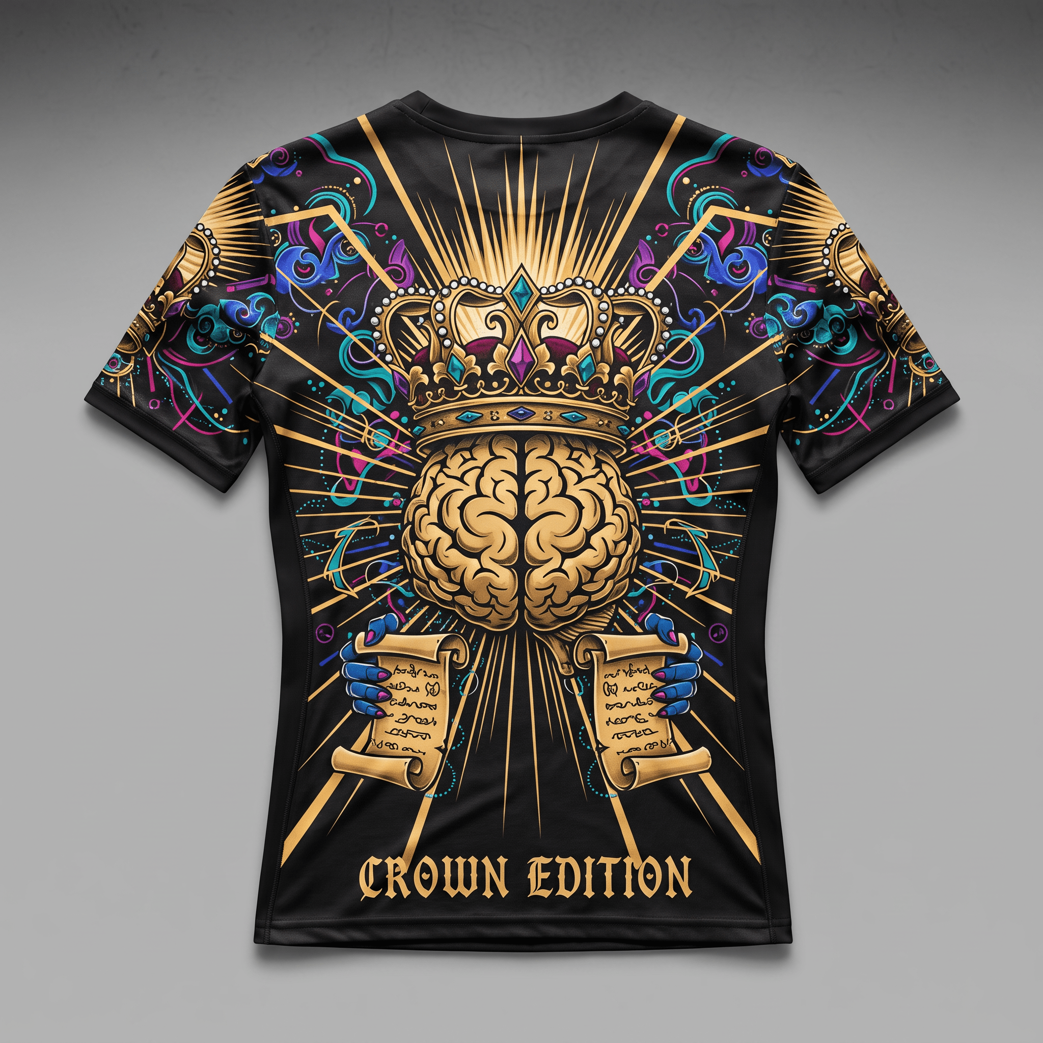 Black t-shirt featuring vibrant graphic of golden brain wearing a jeweled crown and holding scrolls.