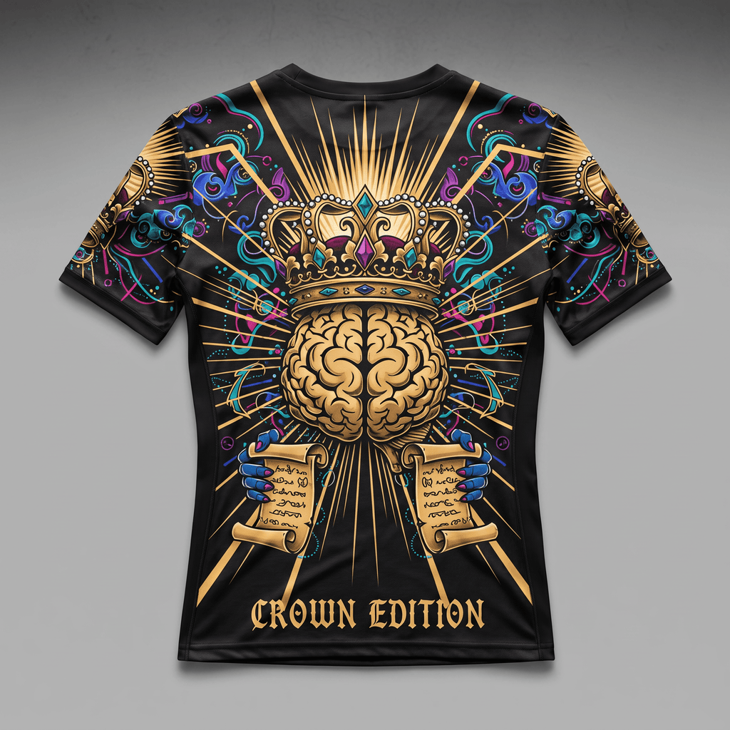 Black t-shirt featuring vibrant graphic of a golden brain wearing a crown and holding scrolls.