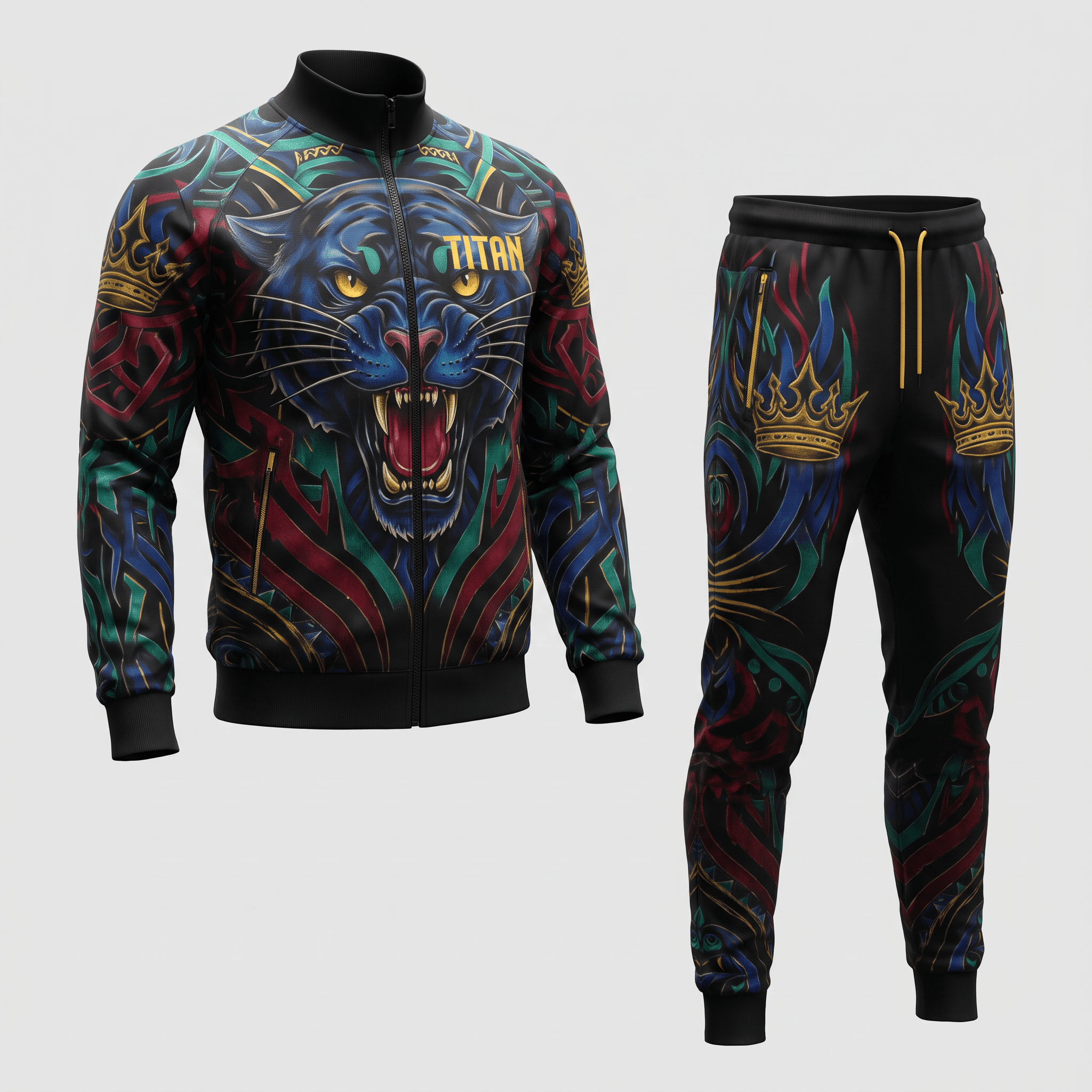 Black tracksuit with vibrant blue panther, crown, and abstract graphic print on jacket and joggers.