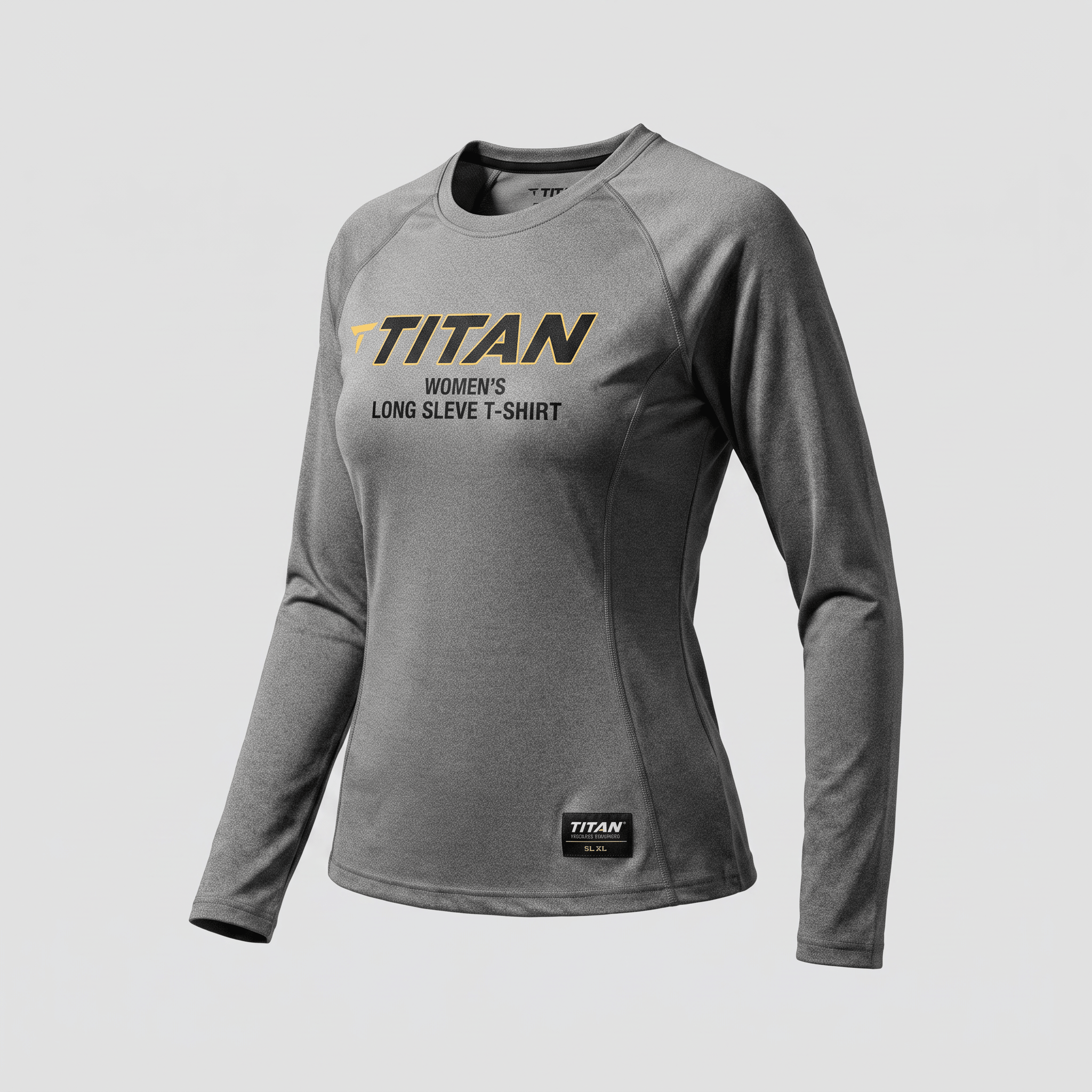 Grey Titan women's long sleeve athletic t-shirt with yellow and black chest branding.