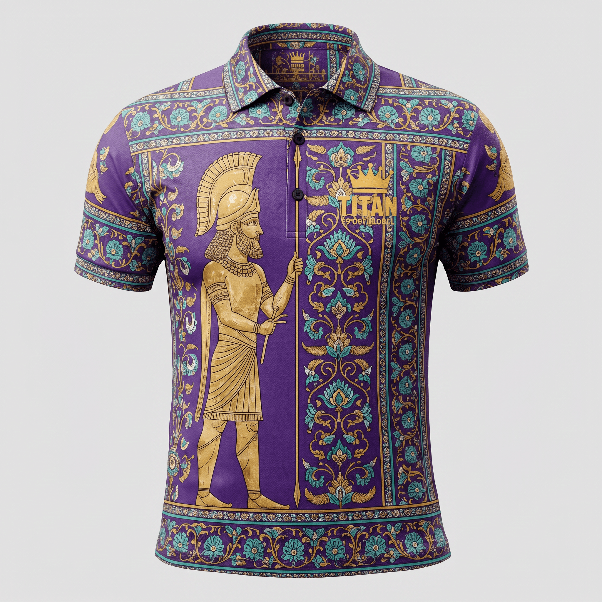 Purple polo shirt featuring gold and turquoise ancient warrior and floral patterns, collar, and button placket.