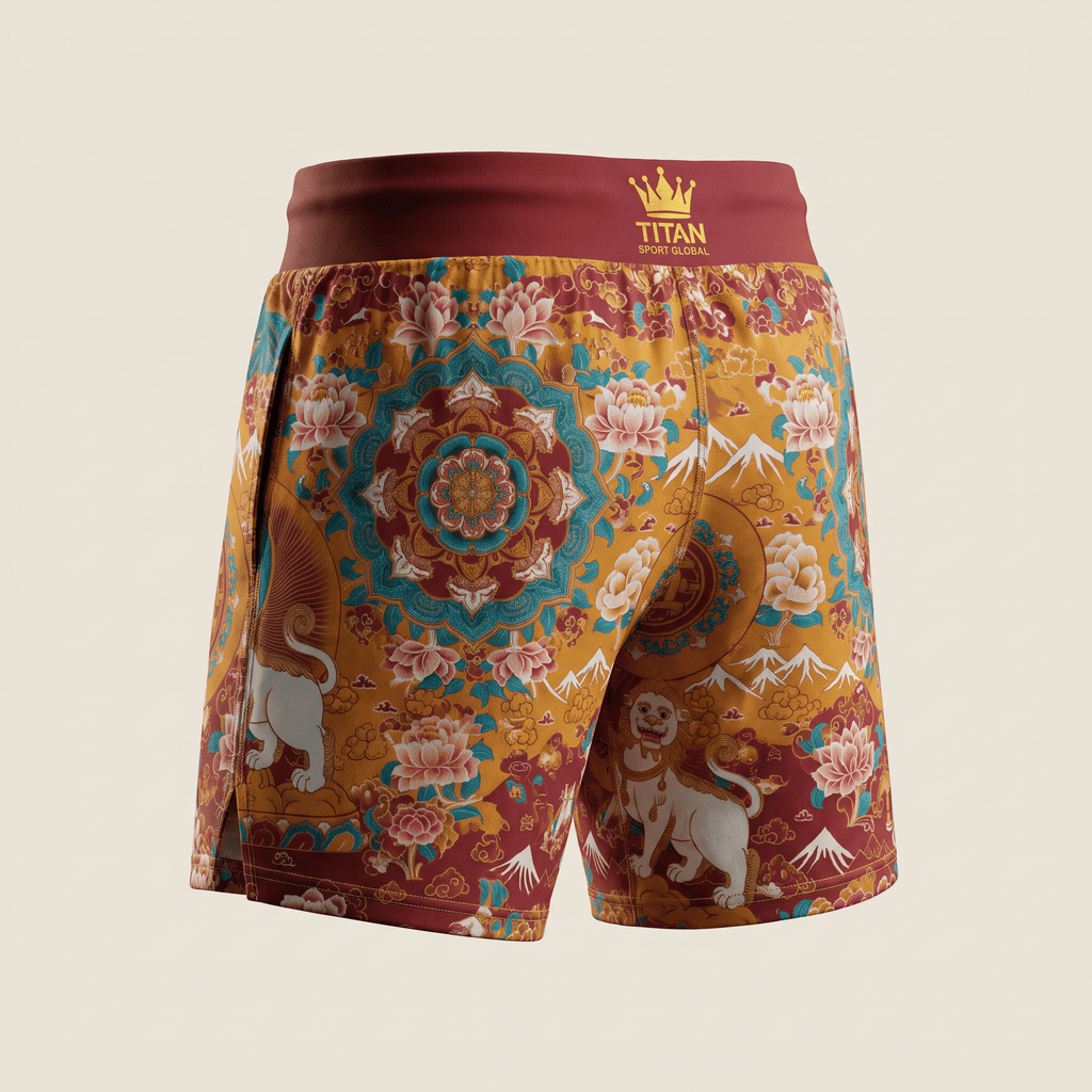 Rear view of athletic shorts in red and gold with intricate mandala, floral, and mythical lion patterns.