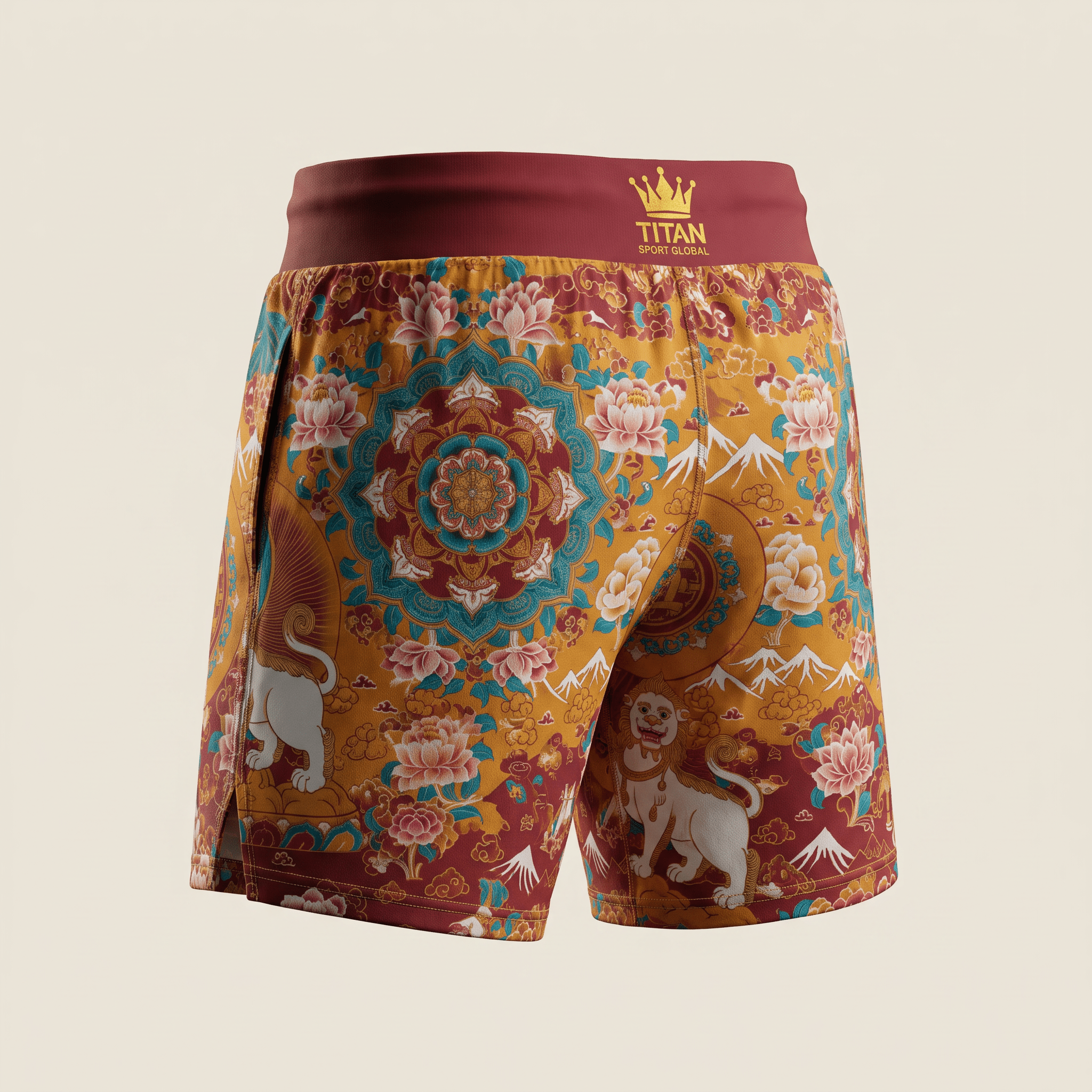 Rear view of athletic shorts in red and gold with intricate mandala, floral, and mythical lion patterns.
