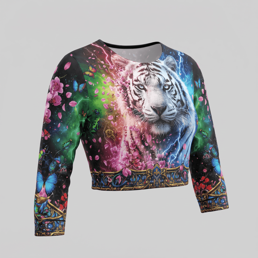 Long sleeve crop top featuring a fantasy tiger, flowers, butterflies, and lightning design.