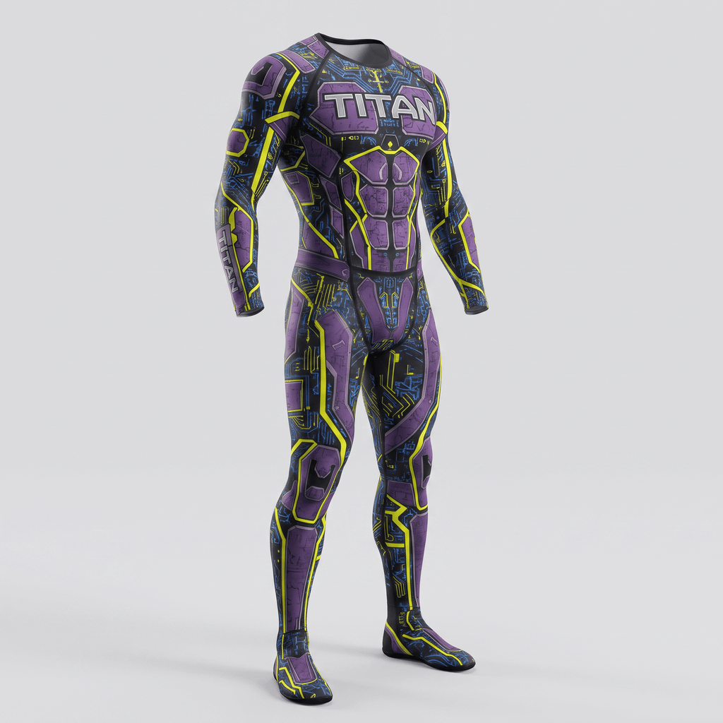 Purple and yellow Titan cyber tech full-body compression suit with muscle armor print on a plain background.