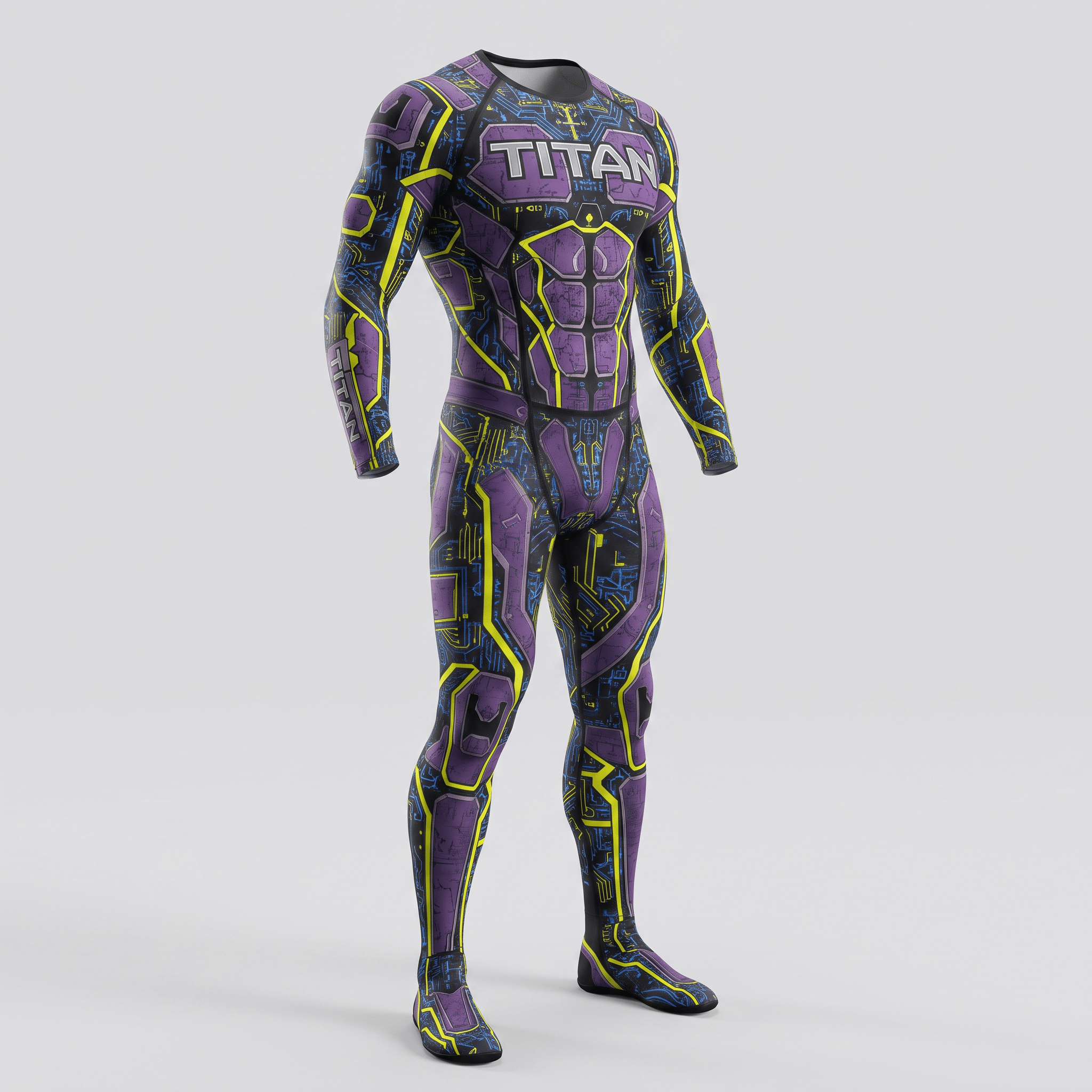 Purple and yellow Titan full body compression suit with futuristic cybernetic armor graphic design