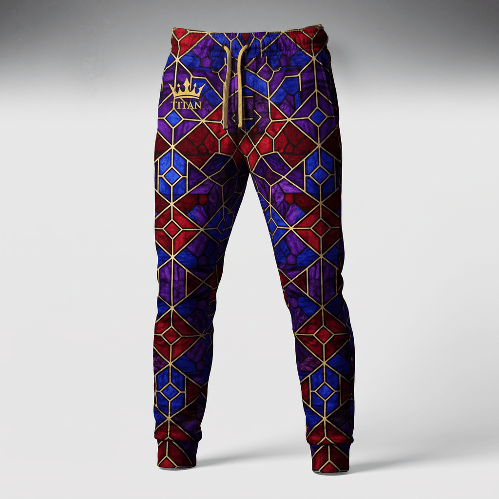 Stained glass pattern sweatpants with red, blue, and purple tones, gold drawstring, and Titan logo.
