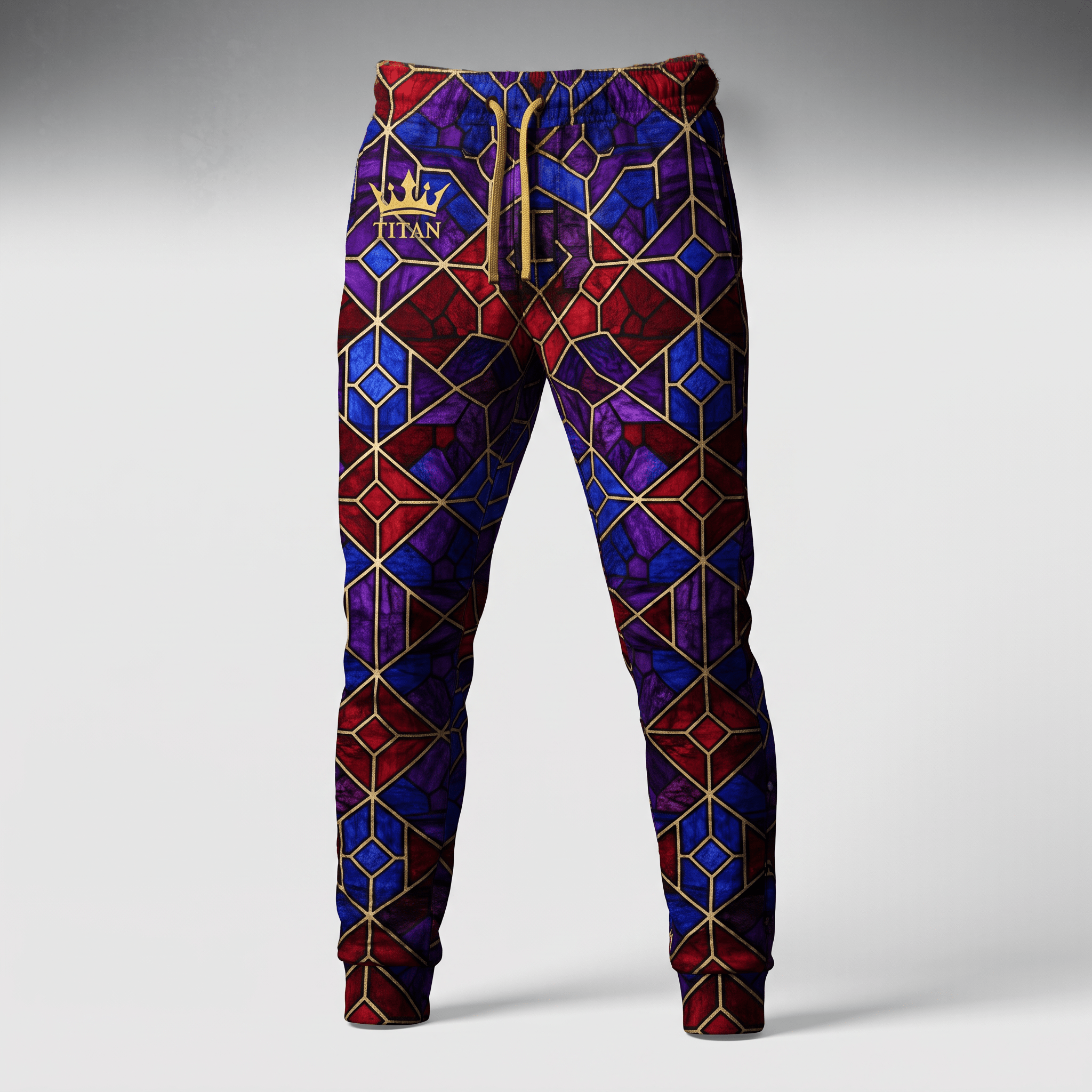 Stained glass pattern sweatpants with red, blue, and purple tones, gold drawstring, and Titan logo.