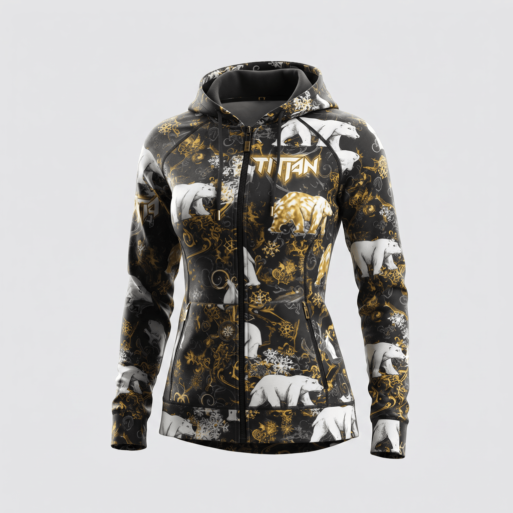 Black zip-up hoodie featuring an all-over polar bear and golden scrollwork pattern with the Titan logo.