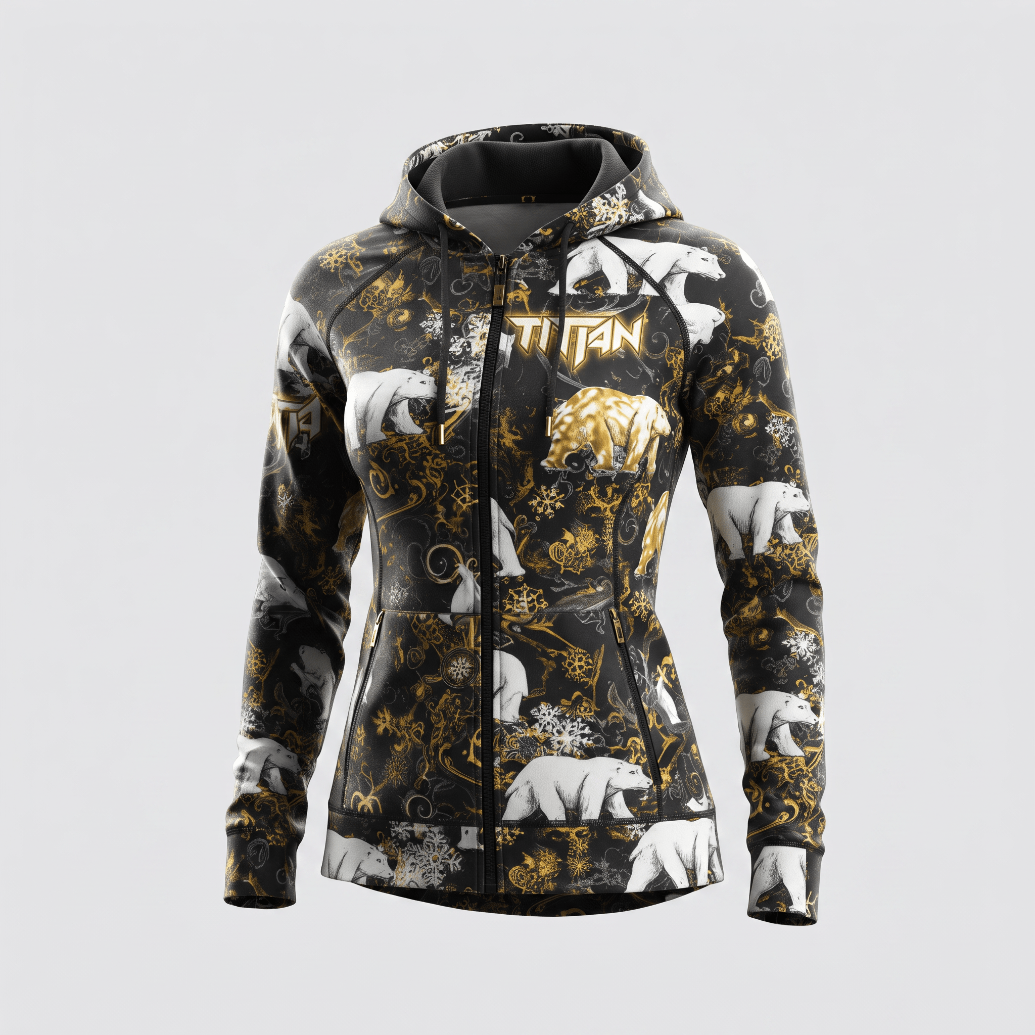 Black zip-up hoodie featuring an all-over polar bear and gold filigree print with front pockets and drawstrings.